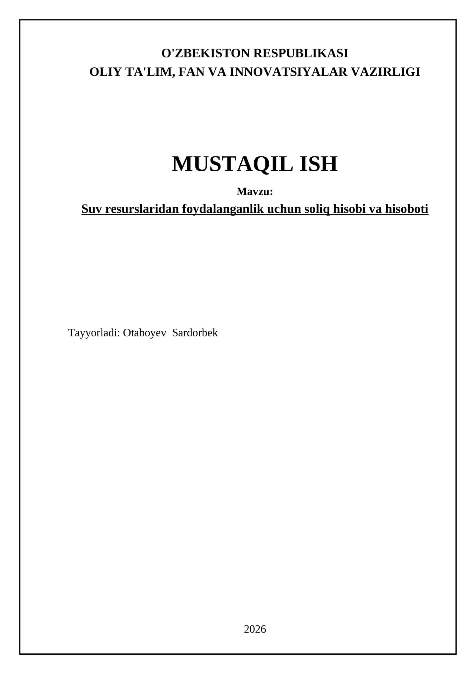 Suv rеsurslаridаn fоydаlаngаnlik uchun sоliq hisоbi vа hisоbоti 1