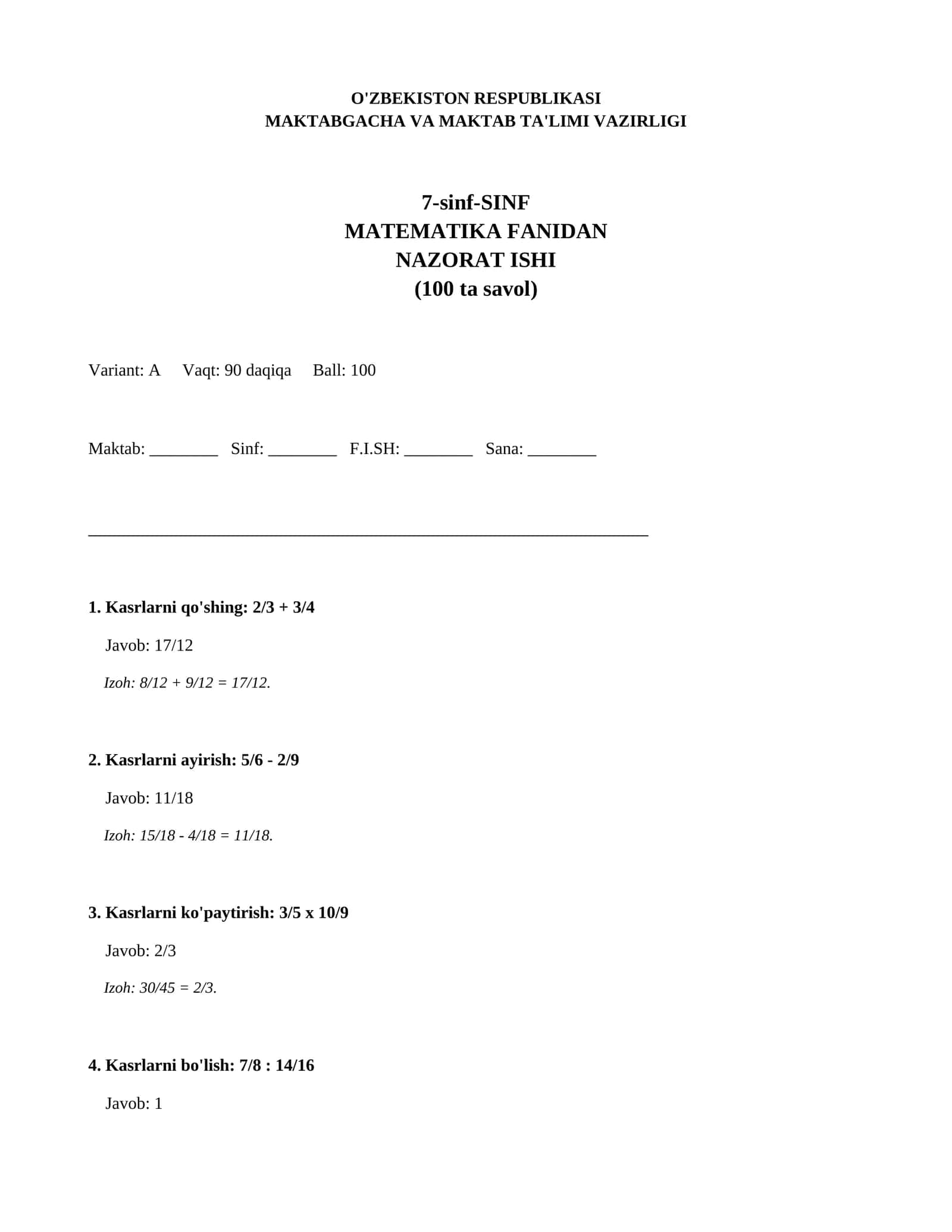 7-sinf-SINF MATEMATIKA FANIDAN NAZORAT ISHI (100 ta savol) 1