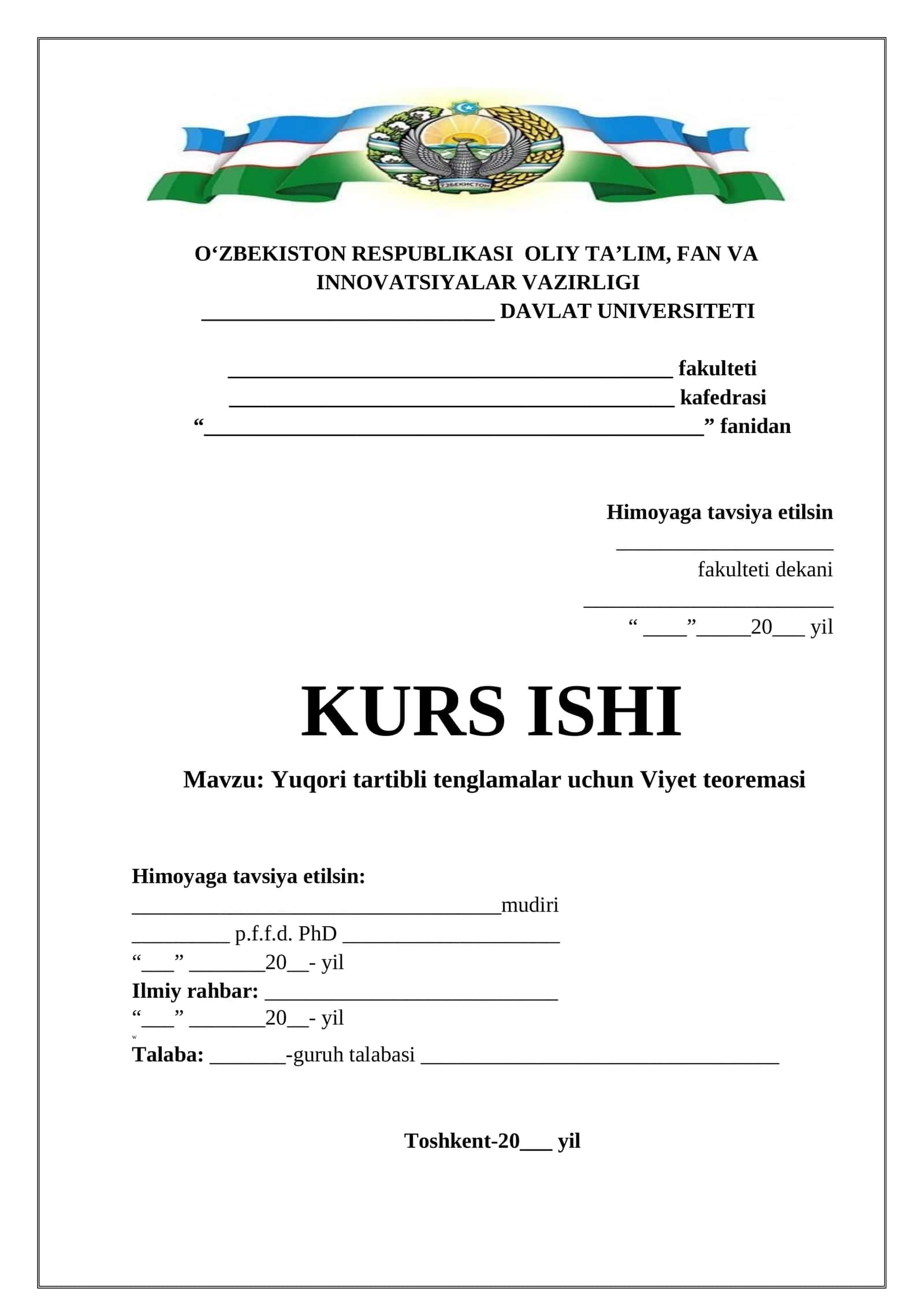 Yuqori tartibli tenglamalar uchun Viyet teoremasi 1