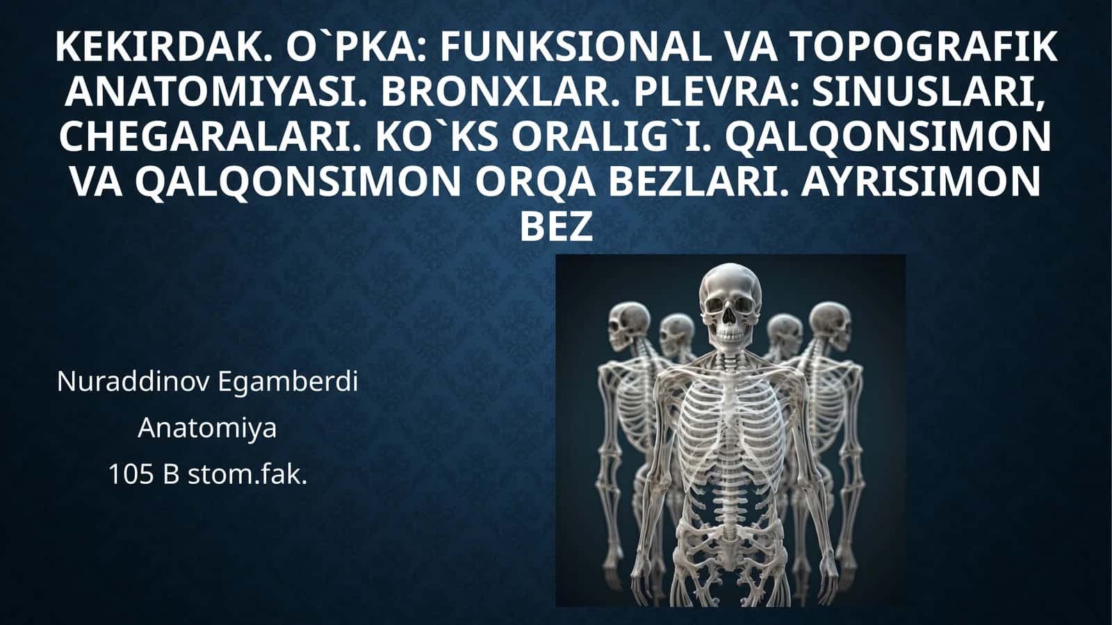 KekIRDAK. O`PKA: FUNKSIONAL VA TOPOGRAFIK ANATOMIYASI. BRONXLAR. PLEVRA: SINUSLARI, CHEGARALARI. KO`KS ORALIG`I. QALQONSIMON VA QALQONSIMON ORQA BEZLARI. AYRISIMON BEZ 1