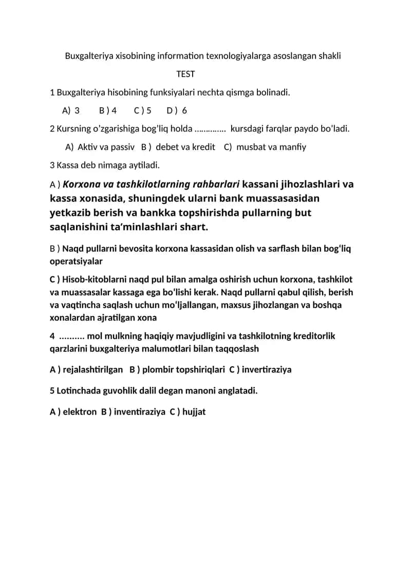 Buxgalteriya xisobining information texnologiyalarga asoslangan shakli test 1