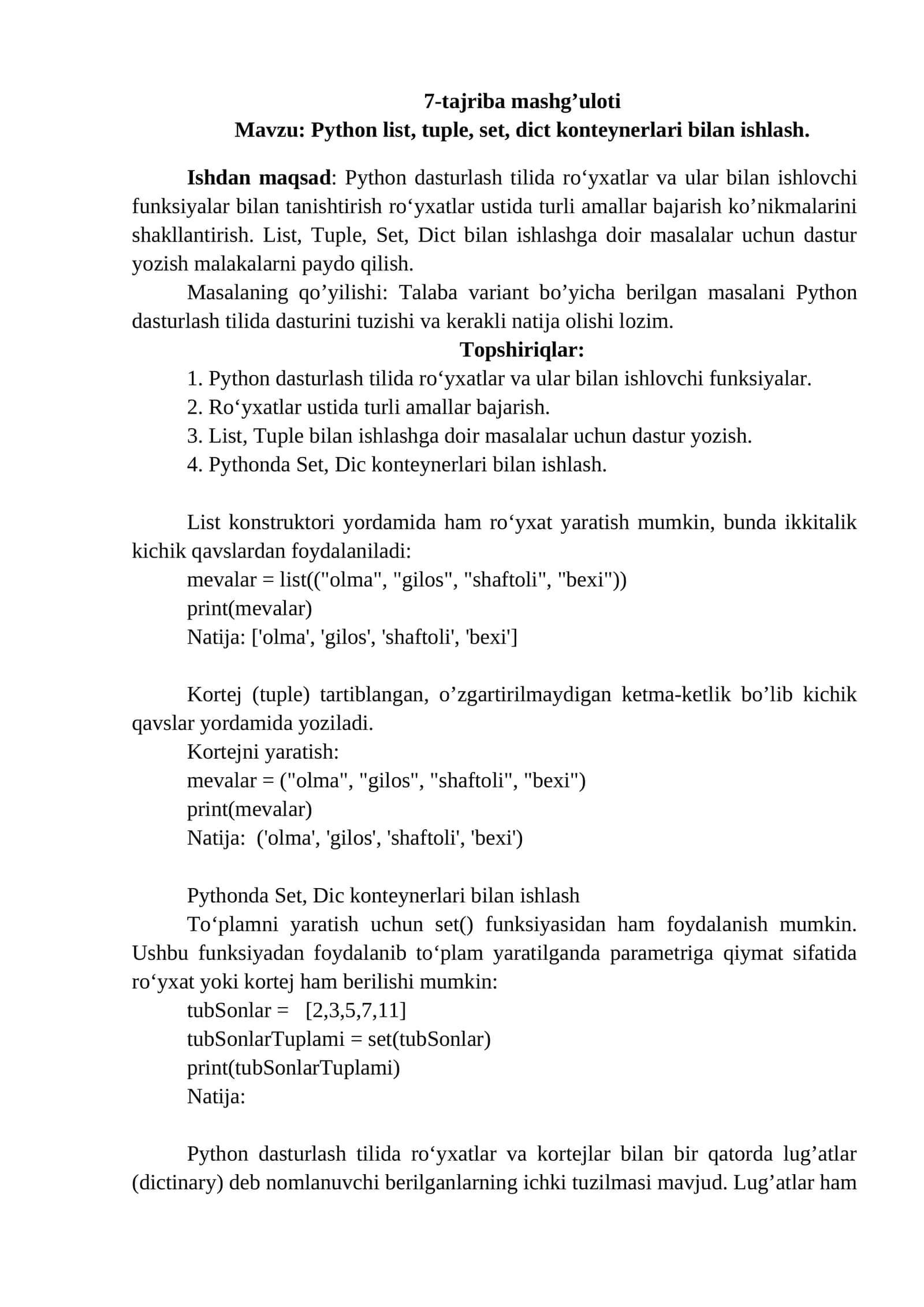 Python list, tuple, set, dict konteynerlari bilan ishlash 1