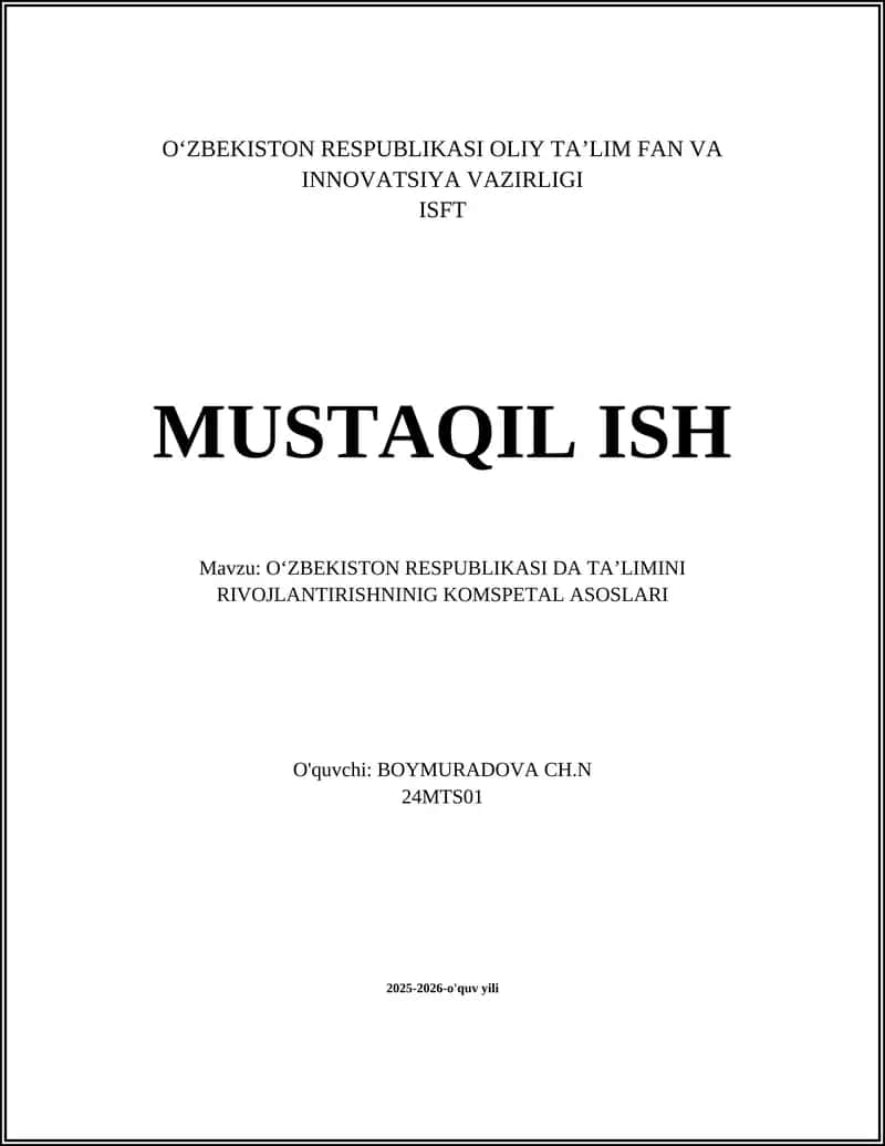 O‘ZBEKISTON RESPUBLIKASI DA TAʼLIMINI RIVOJLANTIRISHNINIG KOMSPETAL ASOSLARI 1