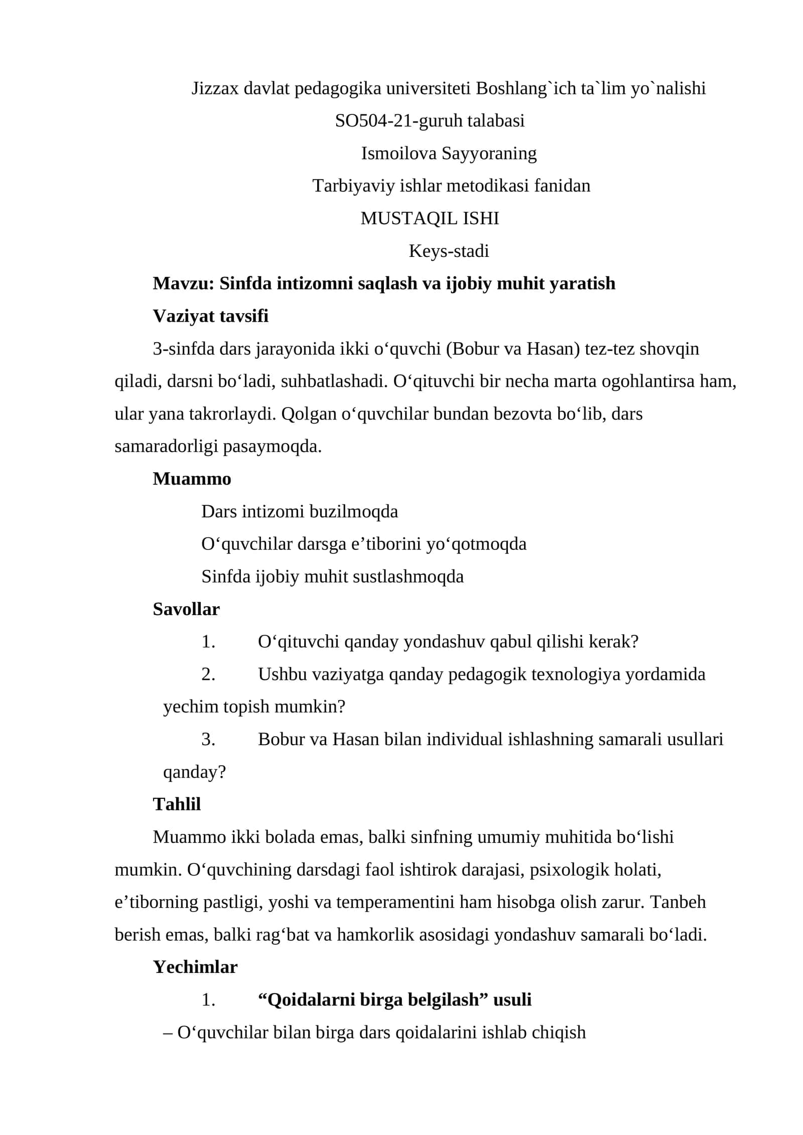 Mavzu: Sinfda intizomni saqlash va ijobiy muhit yaratish 1