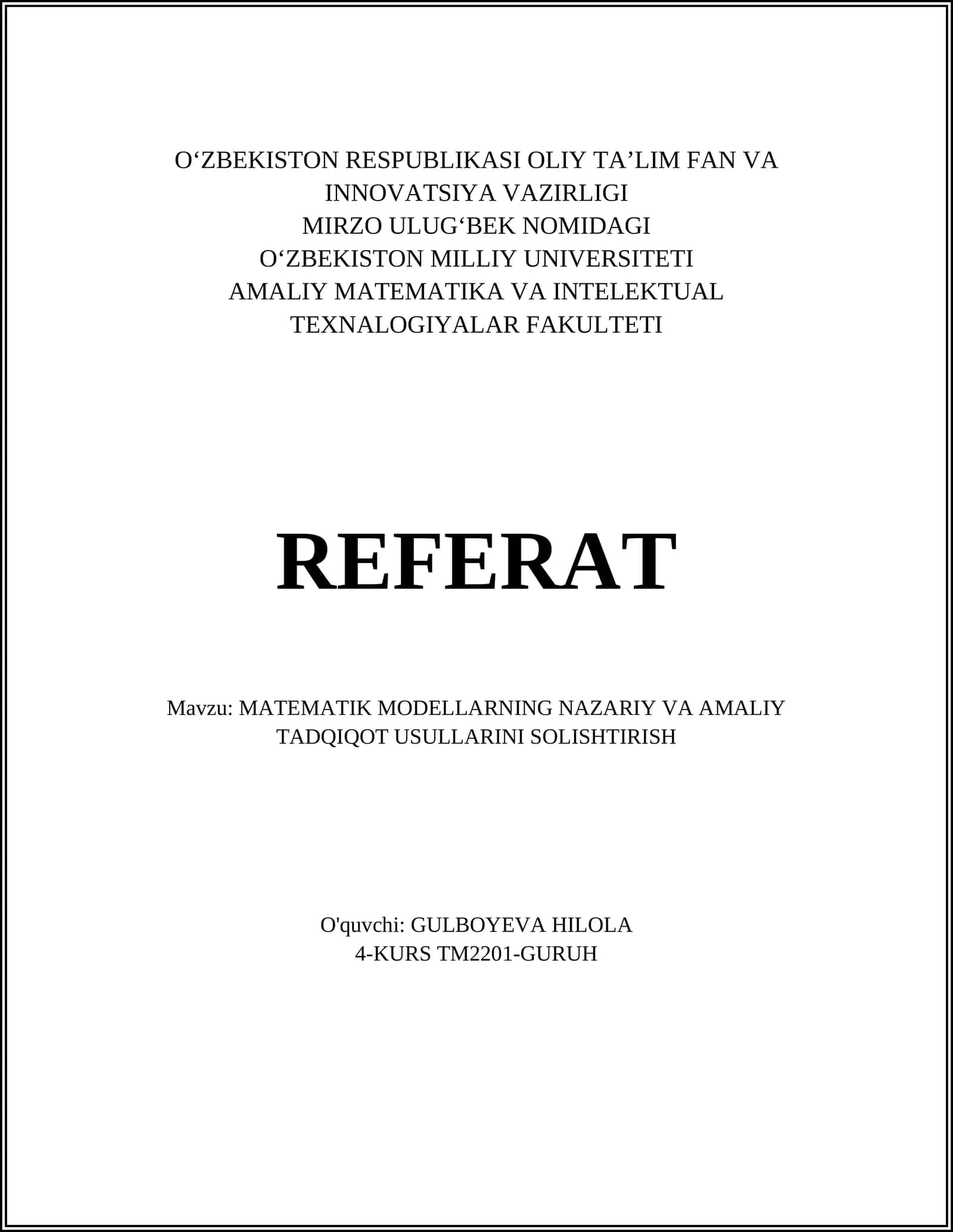 Matematik modellarning nazariy va amaliy tadqiqot usullarini solishtirish 1