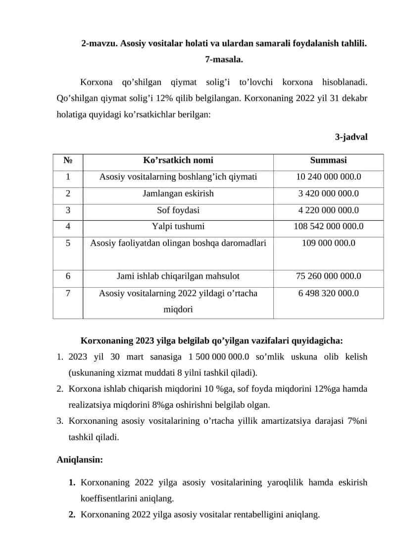 2-mavzu. Asosiy vositalar holati va ulardan samarali foydalanish tahlili 1