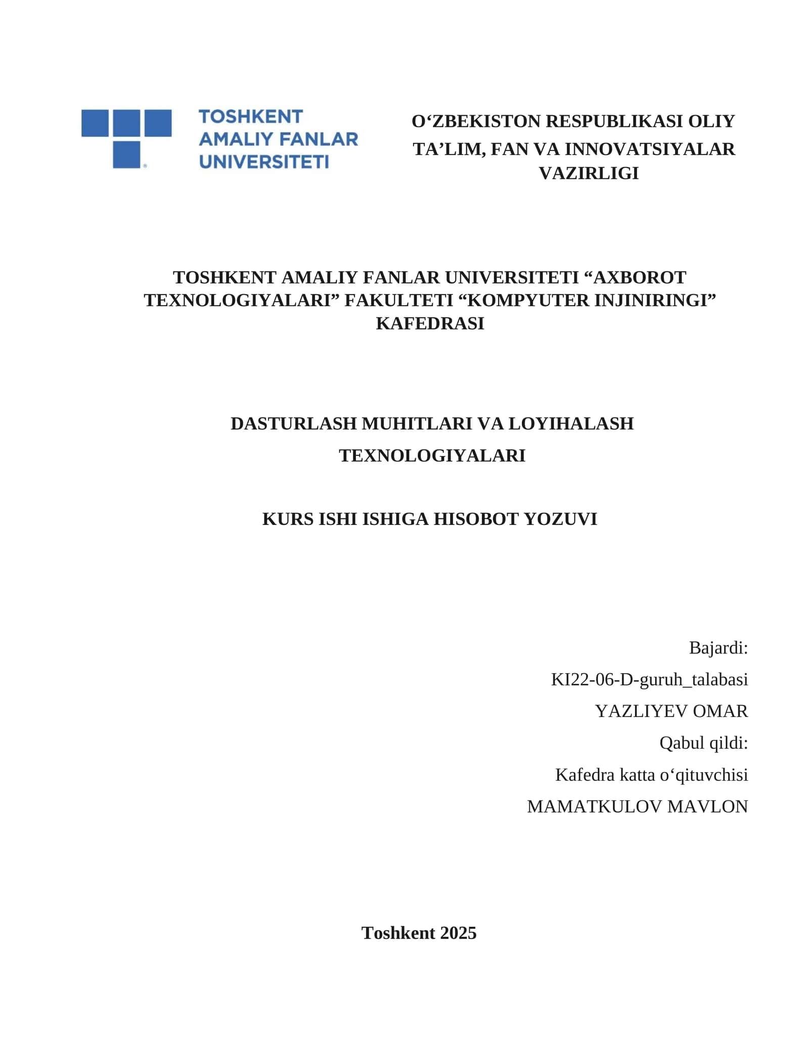 Kompyuter injiniringi kurs ishi 1