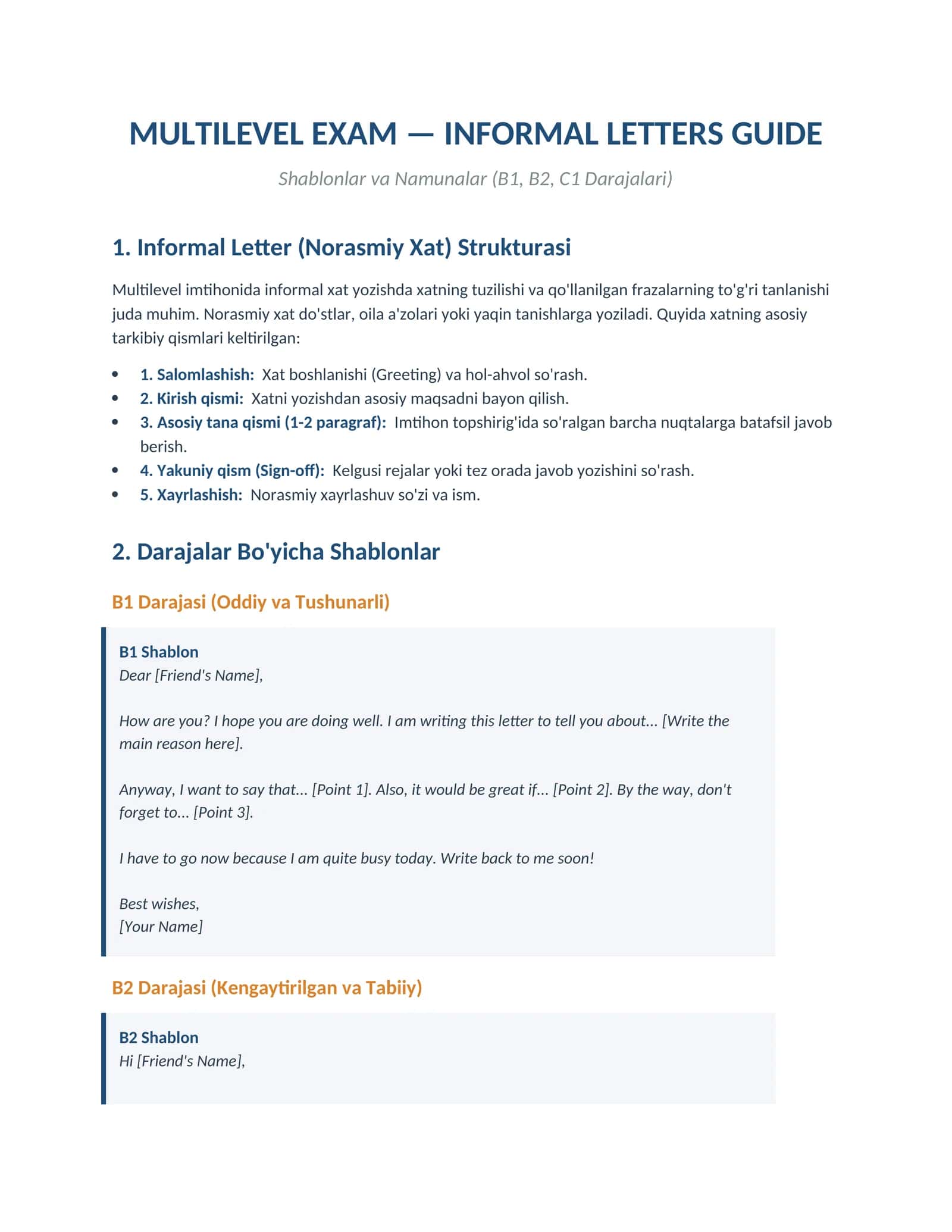 MULTILEVEL EXAM — INFORMAL LETTERS GUIDE 1