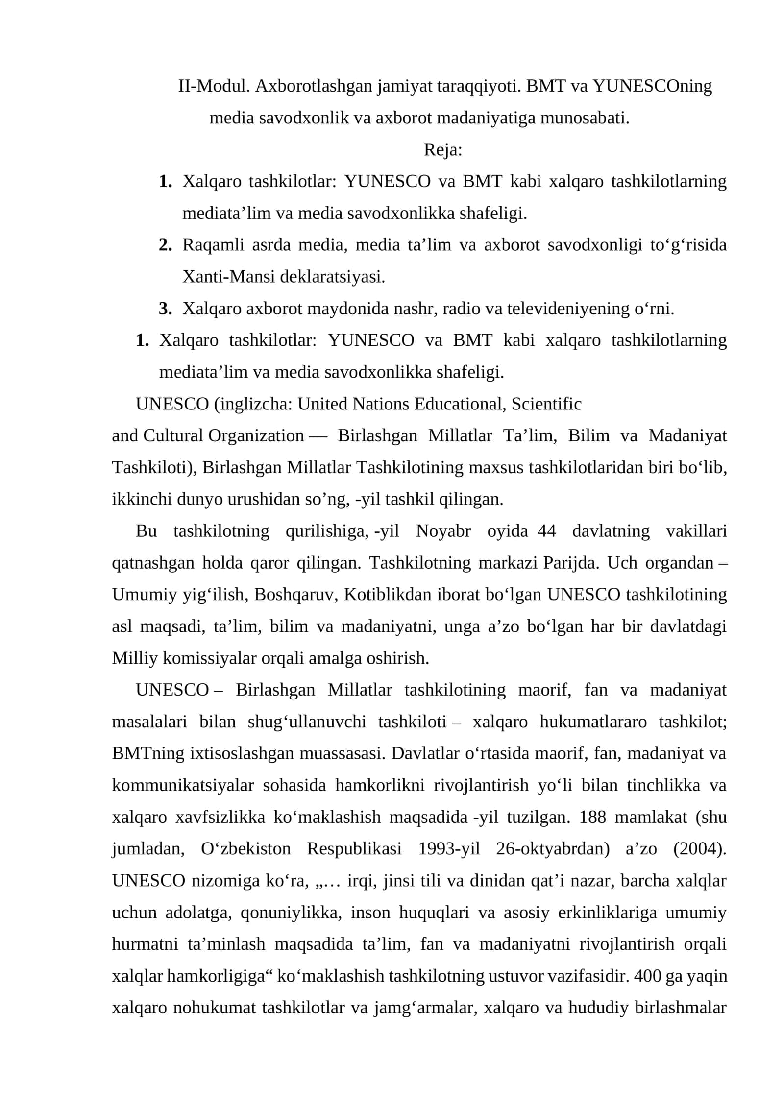 Axborotlashgan jamiyat taraqqiyoti. BMT va YUNESCOning media savodxonlik va axborot madaniyatiga munosabati 1