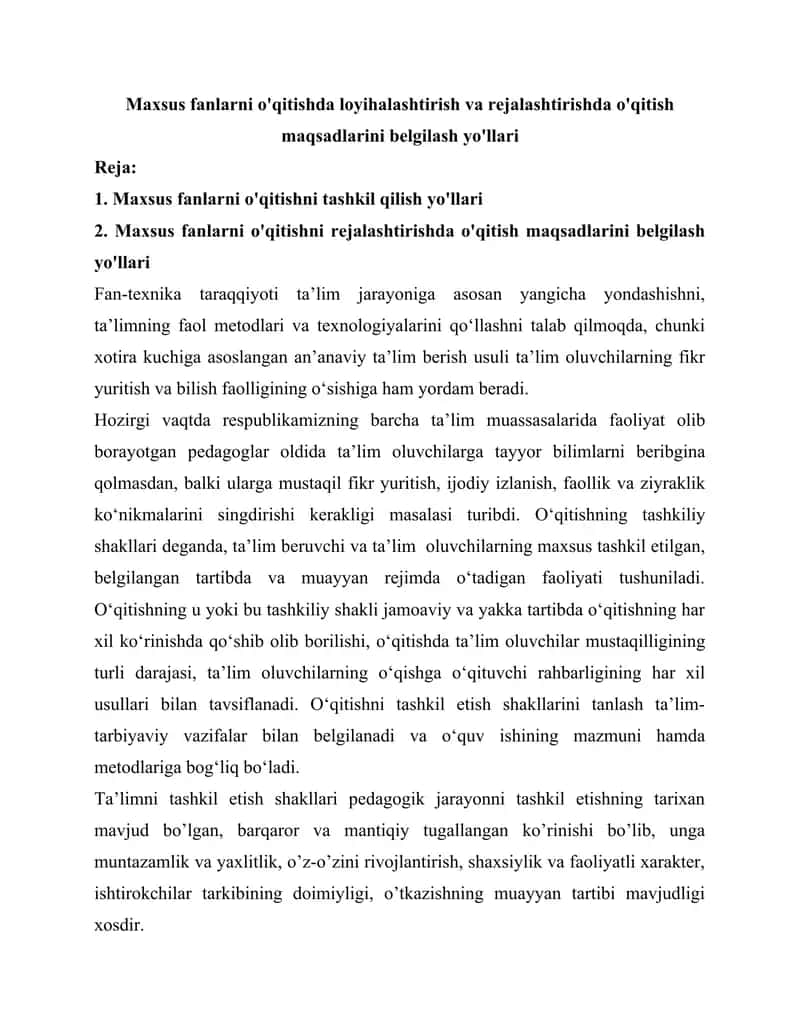 Maxsus fanlarni o'qitishda loyihalashtirish va rejalashtirishda o'qitish maqsadlarini belgilash yo'llari 1