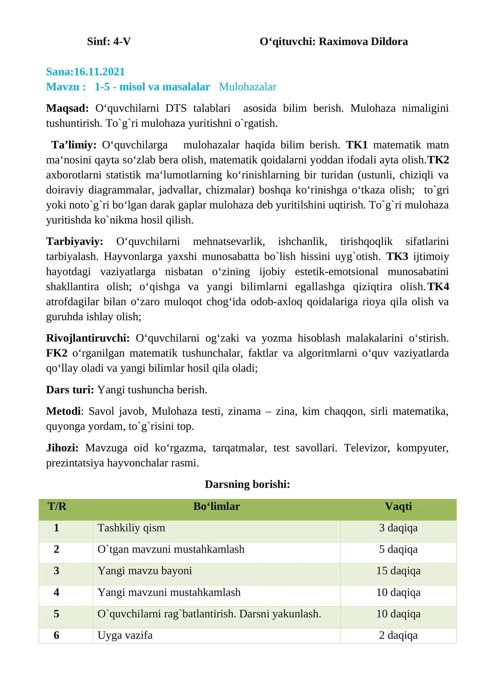 4-sinf Matematika Mulohazalar mavzusida dars ishlanma 1