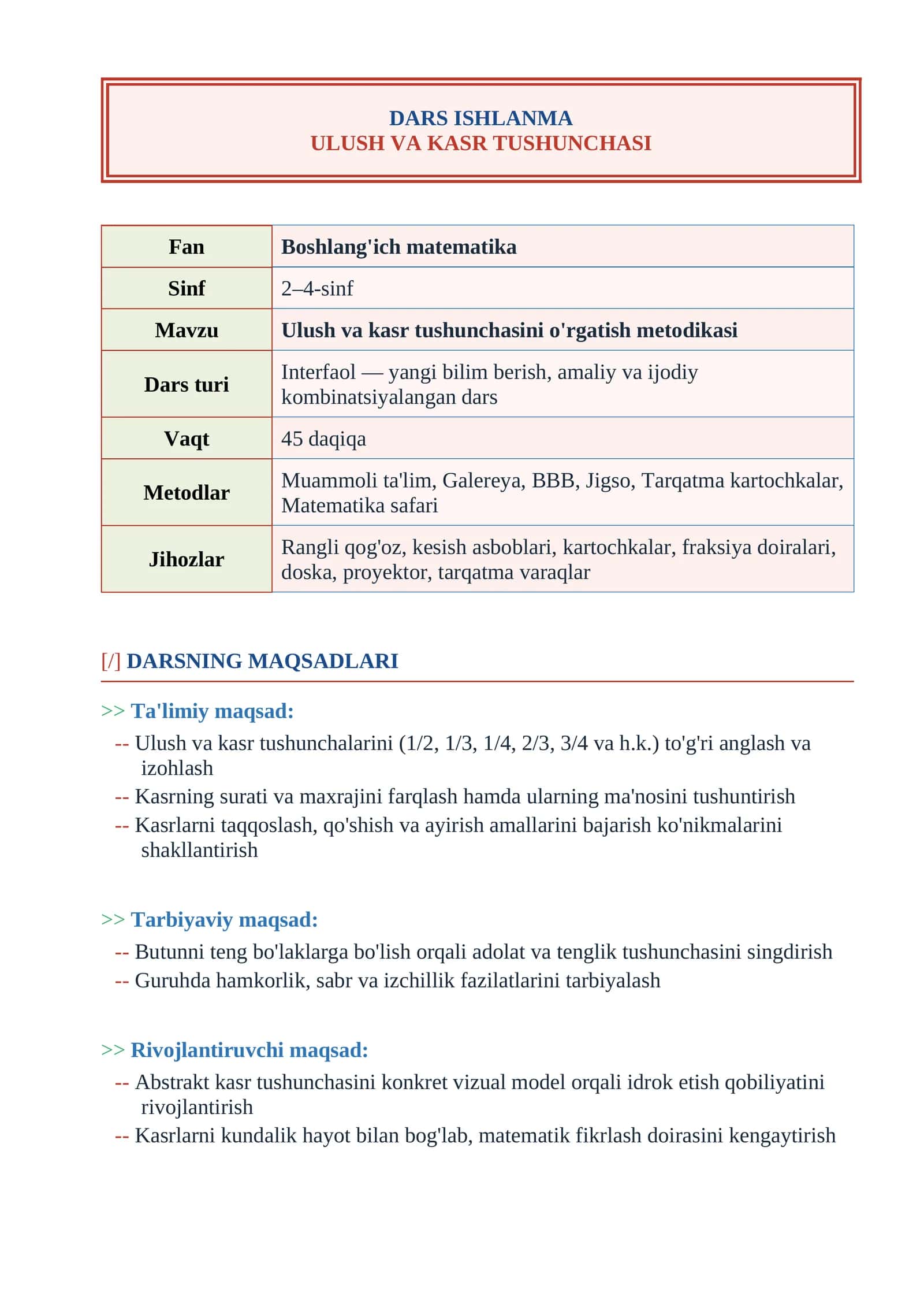 Ulush va kasr tushunchasini o’rgatish metodikasi  dars ishlanma 1