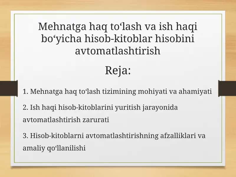 Mehnatga haq toʻlash va ish haqi boʻyicha hisob-kitoblar hisobini avtomatlashtirish 1