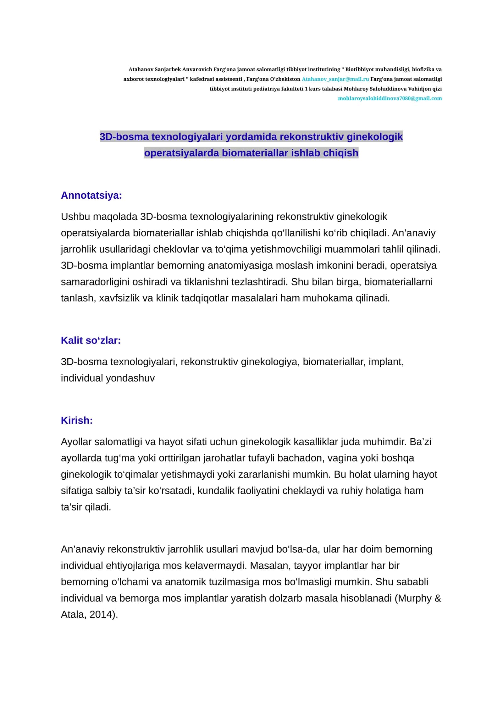 3D-bosma texnologiyalari yordamida rekonstruktiv ginekologik operatsiyalarda biomateriallar ishlab chiqish 1