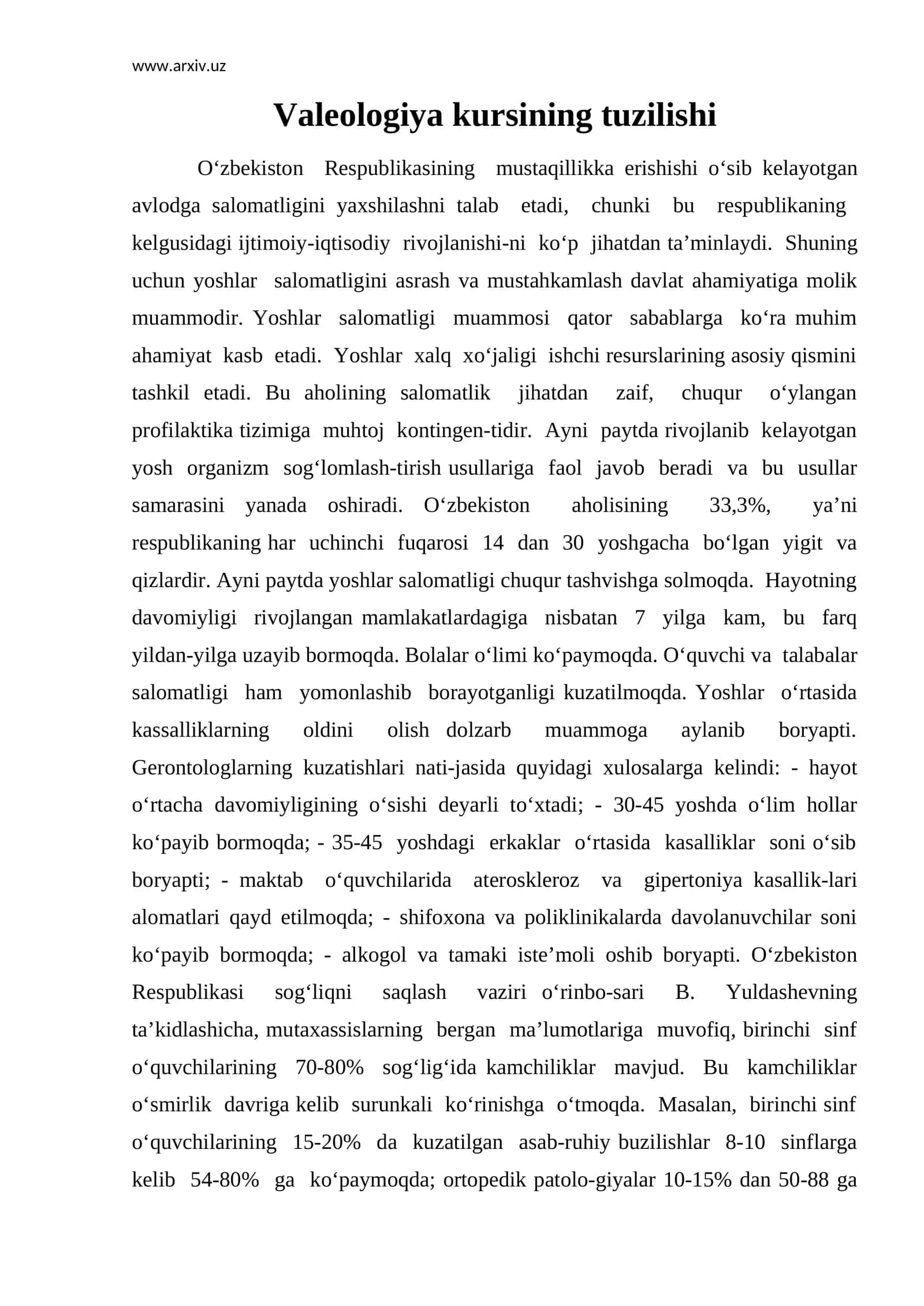 Valeologiya kursining tuzilishi 1