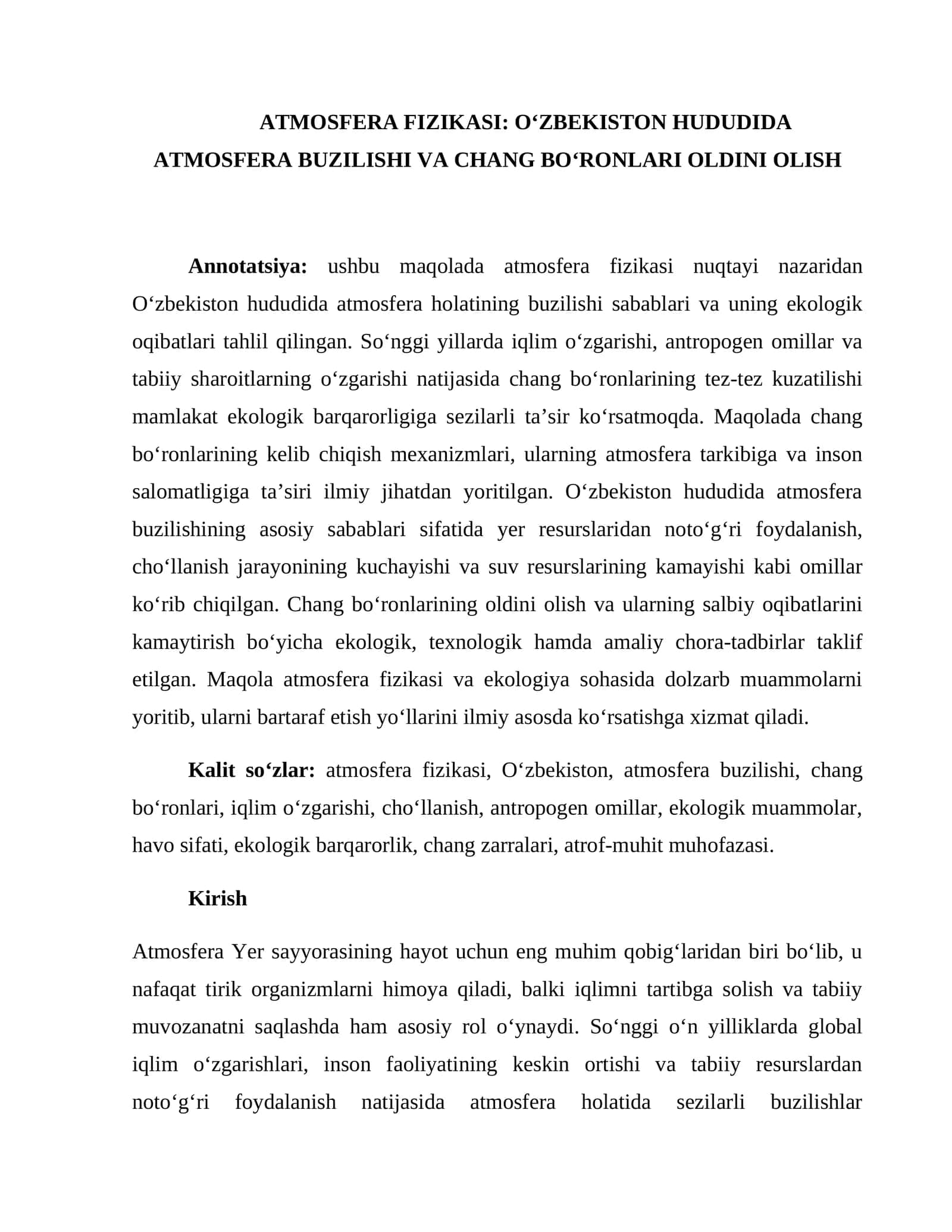 ATMOSFERA FIZIKASI: OʻZBEKISTON HUDUDIDA ATMOSFERA BUZILISHI VA CHANG BOʻRONLARI OLDINI OLISH 1