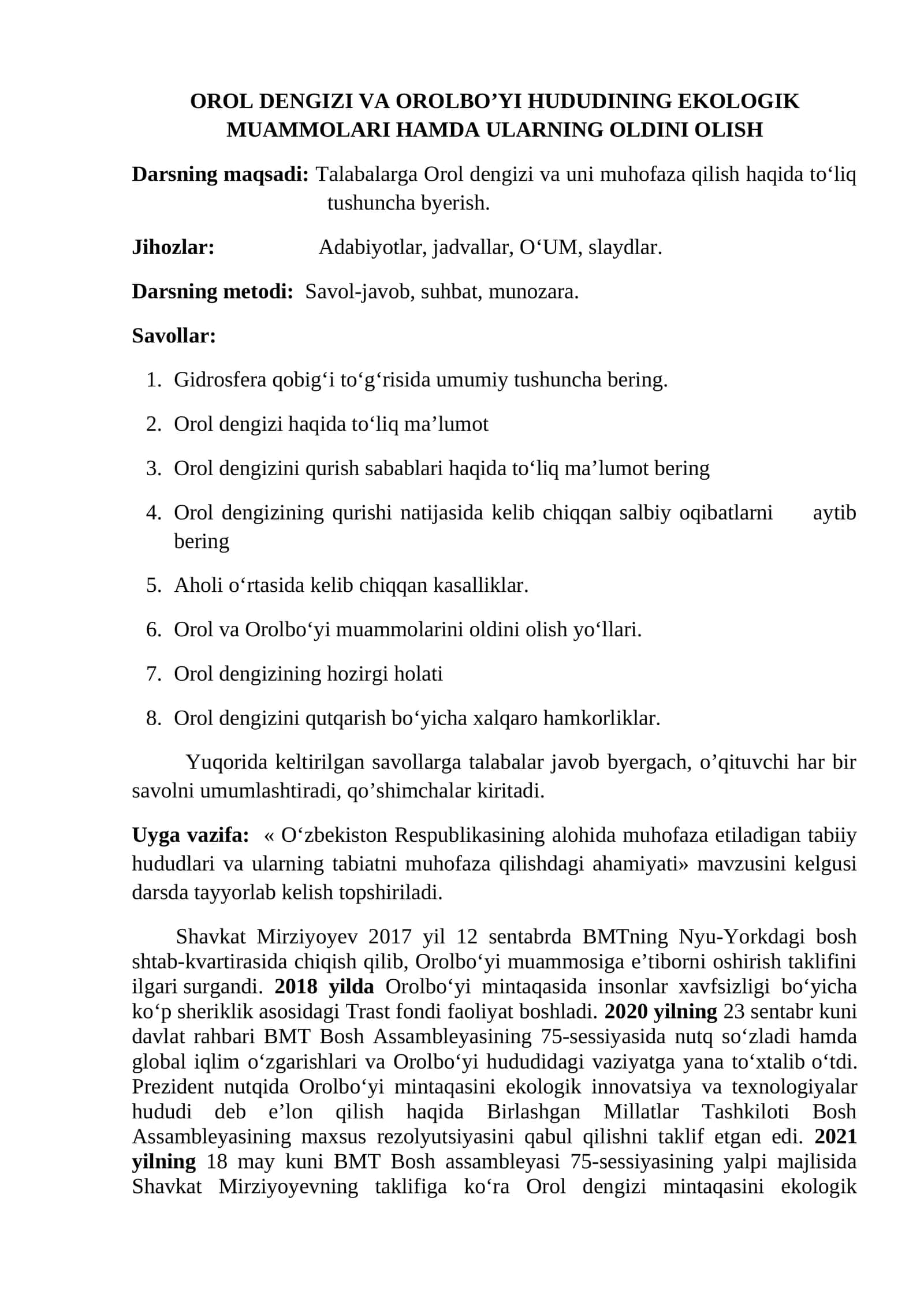 Orol Dengizi va Orolbo’yi Hududining Ekologik Muammolari Hamda Ularning Oldini Olish 1
