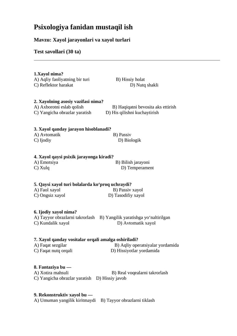 Psixologiya mustaqil ish test 1