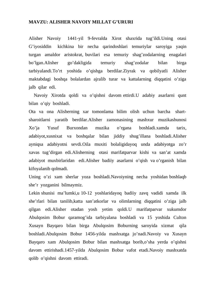 ALISHER NAVOIY MILLAT G’URURI 1