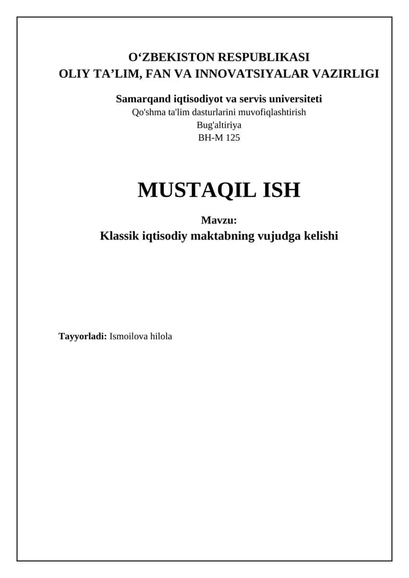 Klassik iqtisodiy maktabning vujudga kelishi 1
