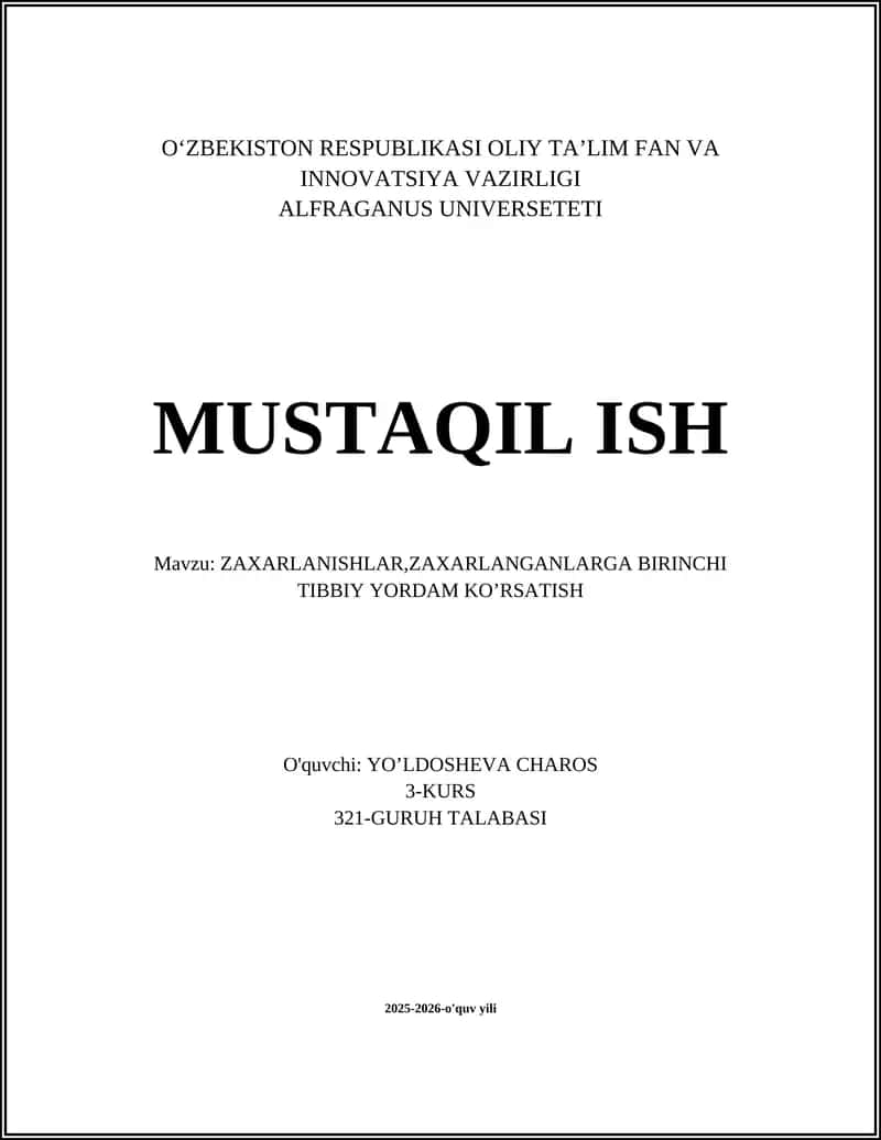 ZAXARLANISHLAR, ZAXARLANGANLARGA BIRINCHI TIBBIY YORDAM KO’RSATISH 1