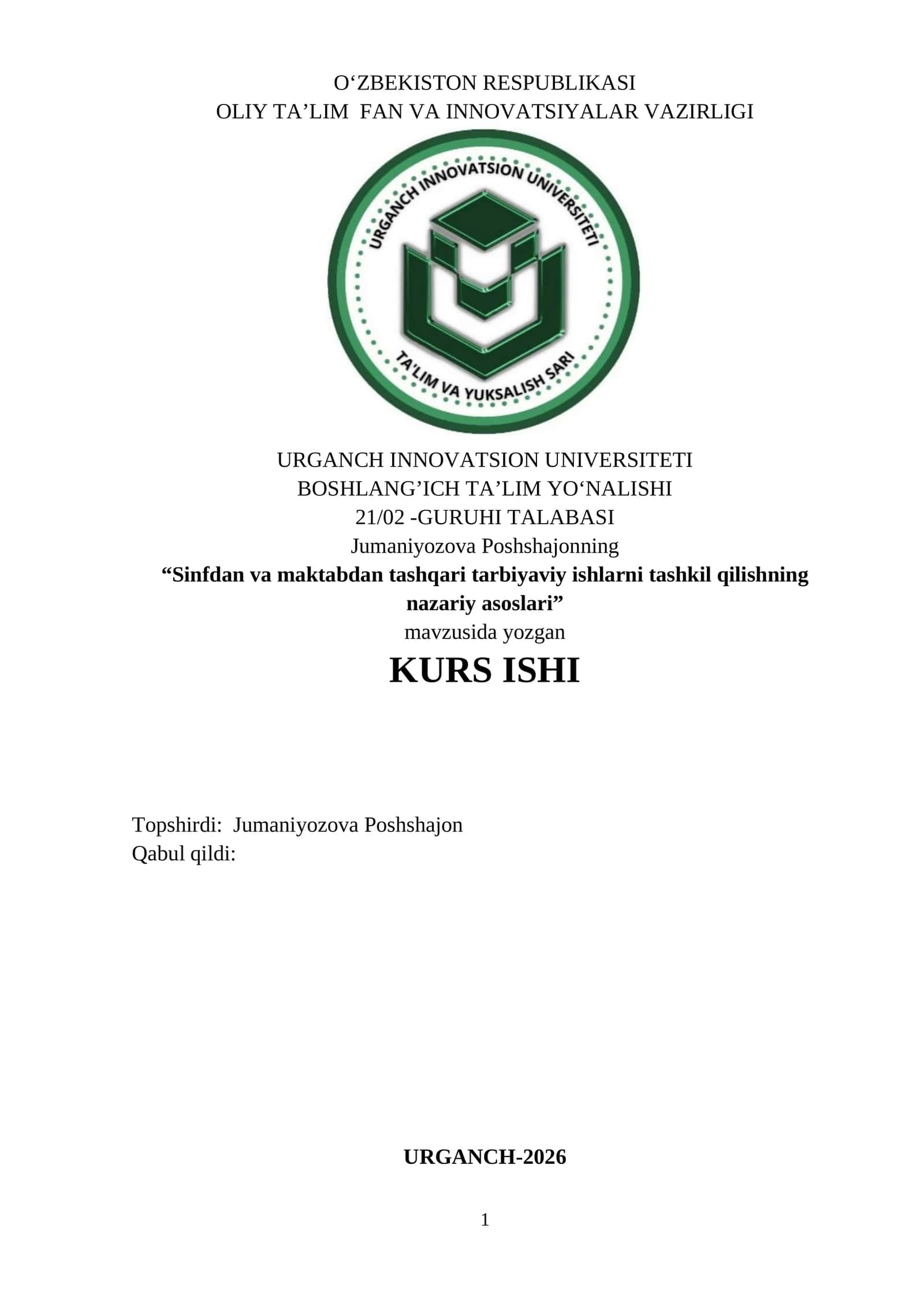 Sinfdan va maktabdan tashqari tarbiyaviy ishlarni tashkil qilishning nazariy asoslari 1