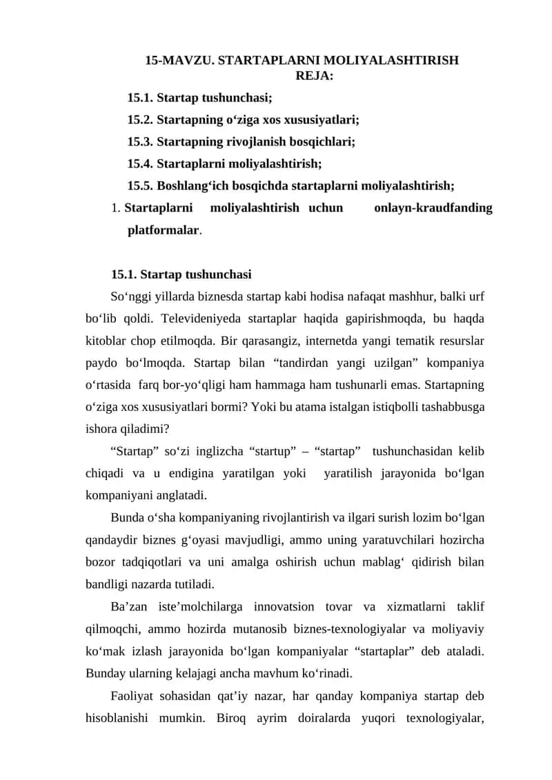 STARTAPLARNI MOLIYALASHTIRISH REJA 1