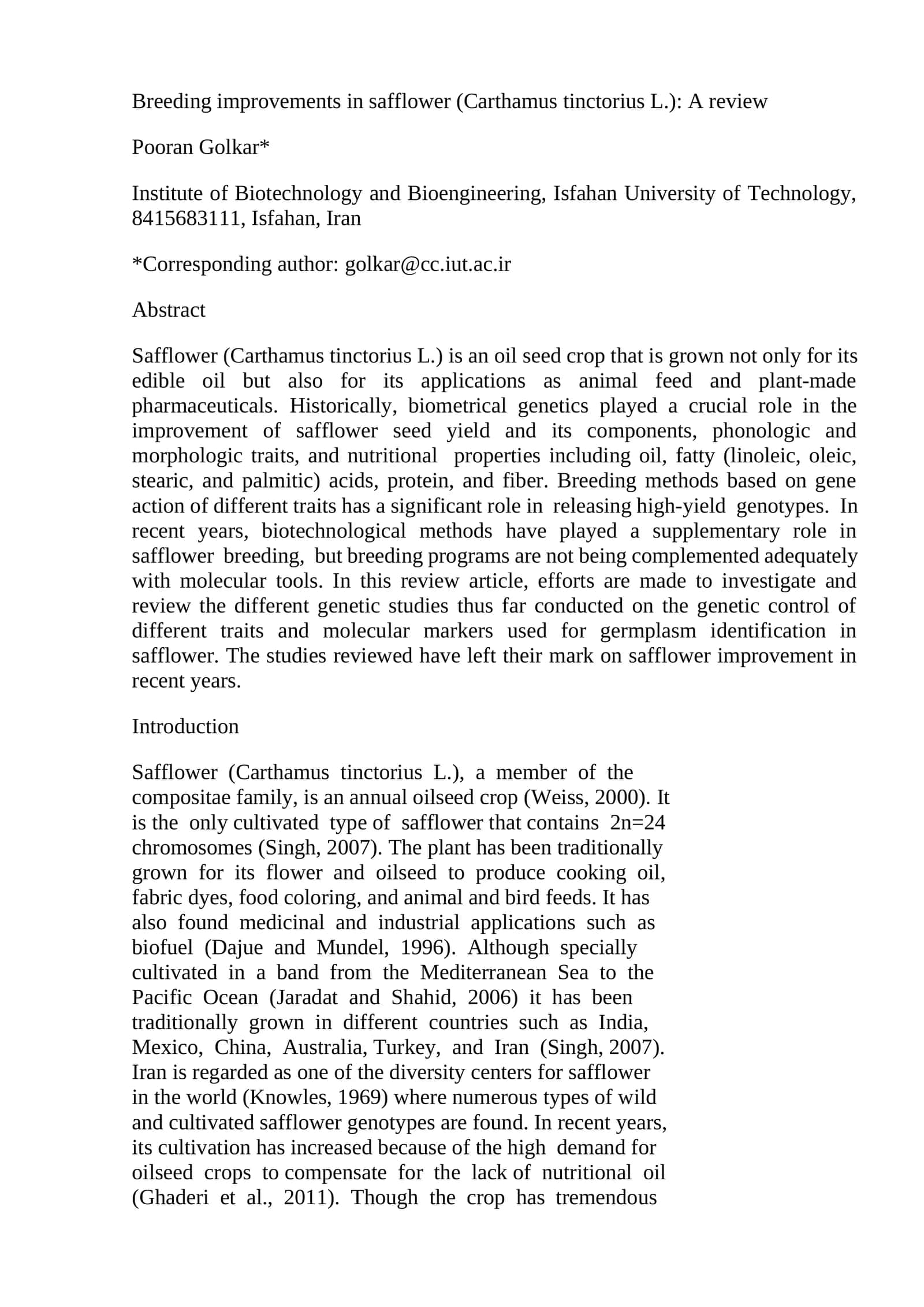 Breeding improvements in safflower (Carthamus tinctorius L.): A review 1