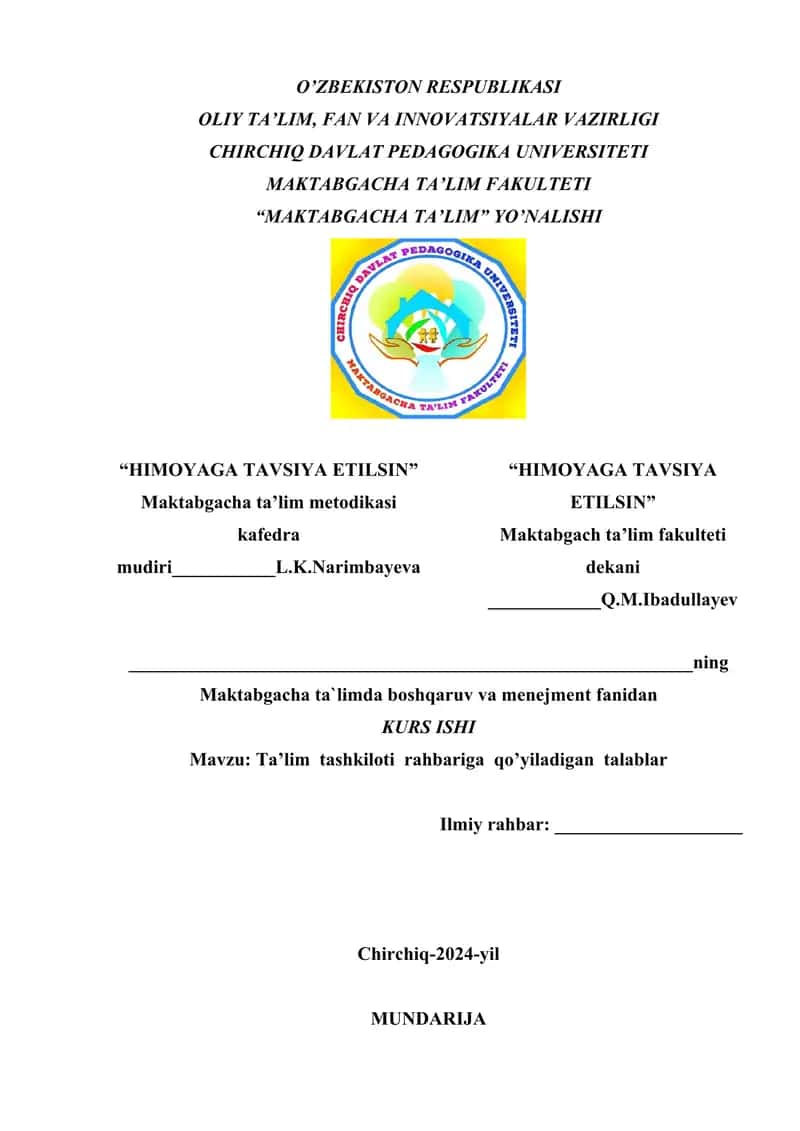 Ta’lim tashkiloti rahbariga qo’yiladigan talablar 1