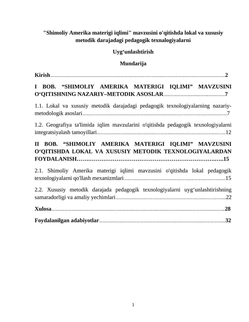 Shimoliy Amerika materigi iqlimi mavzusini o'qitishda lokal va xususiy metodik darajadagi pedagogik texnalogiyalarni 1