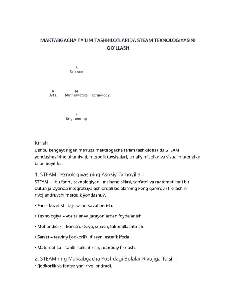 MAKTABGACHA TA'LIM TASHKILOTLARIDA STEAM TEXNOLOGIYASINI QO'LLASH 1