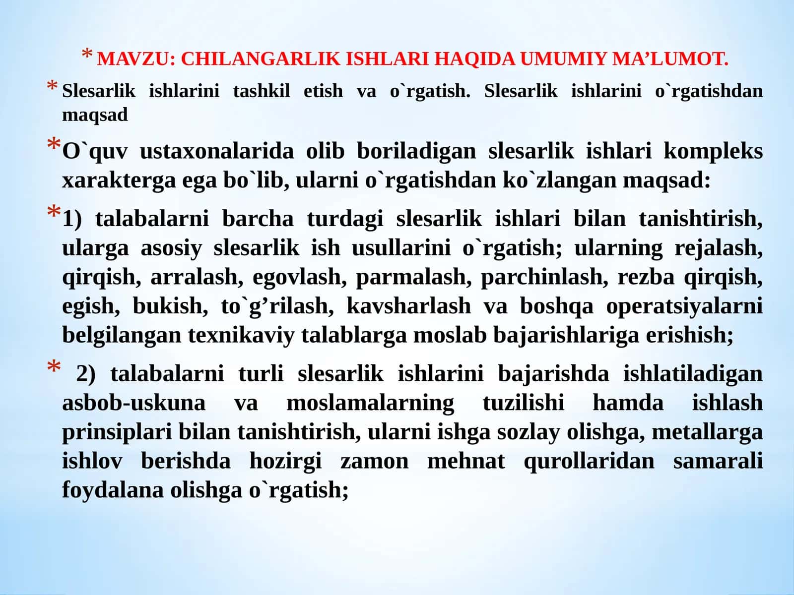 CHILANGARLIK ISHLARI HAQIDA UMUMIY MA’LUMOT 1