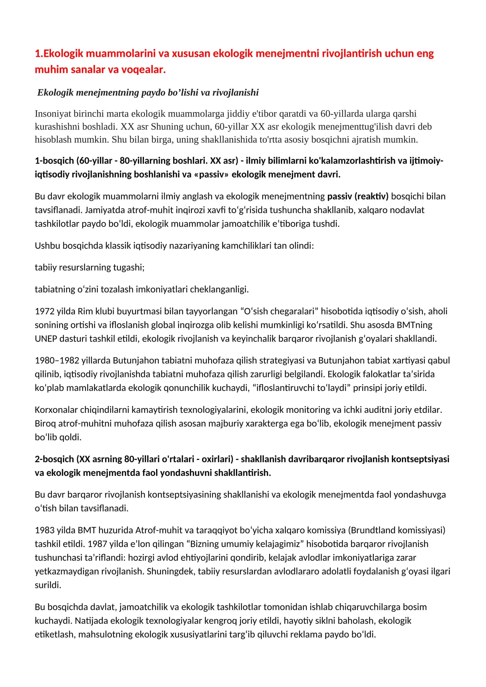 Ekologik menejment fani bo’yicha savol javob 1