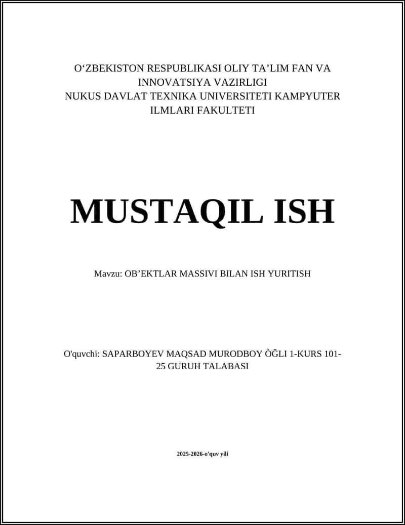 Ob'ektlar massivini yaratish va boshlang'ich qiymat berish 1