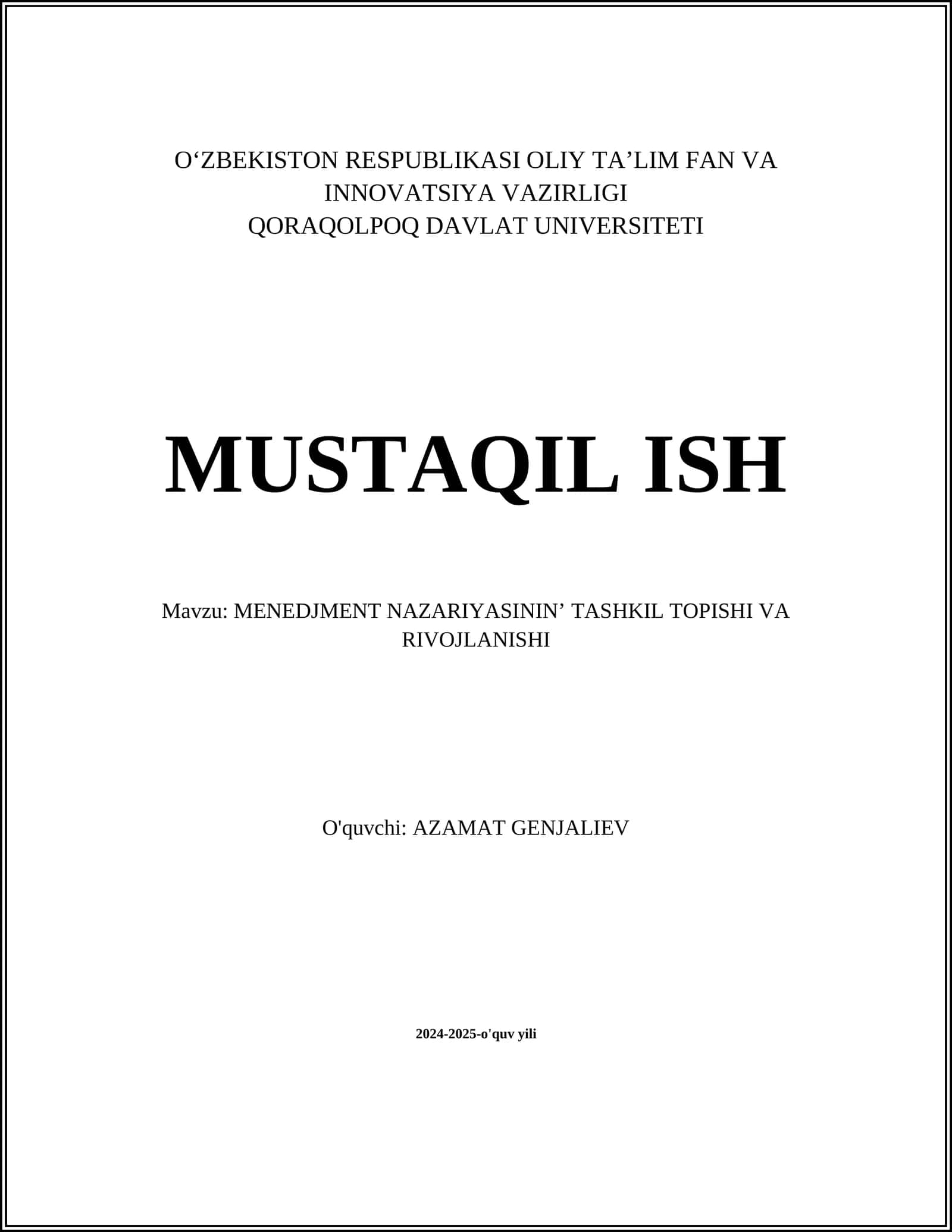 MENEDJMENT NAZARIYASININʼ TASHKIL TOPISHI VA RIVOJLANISHI 1