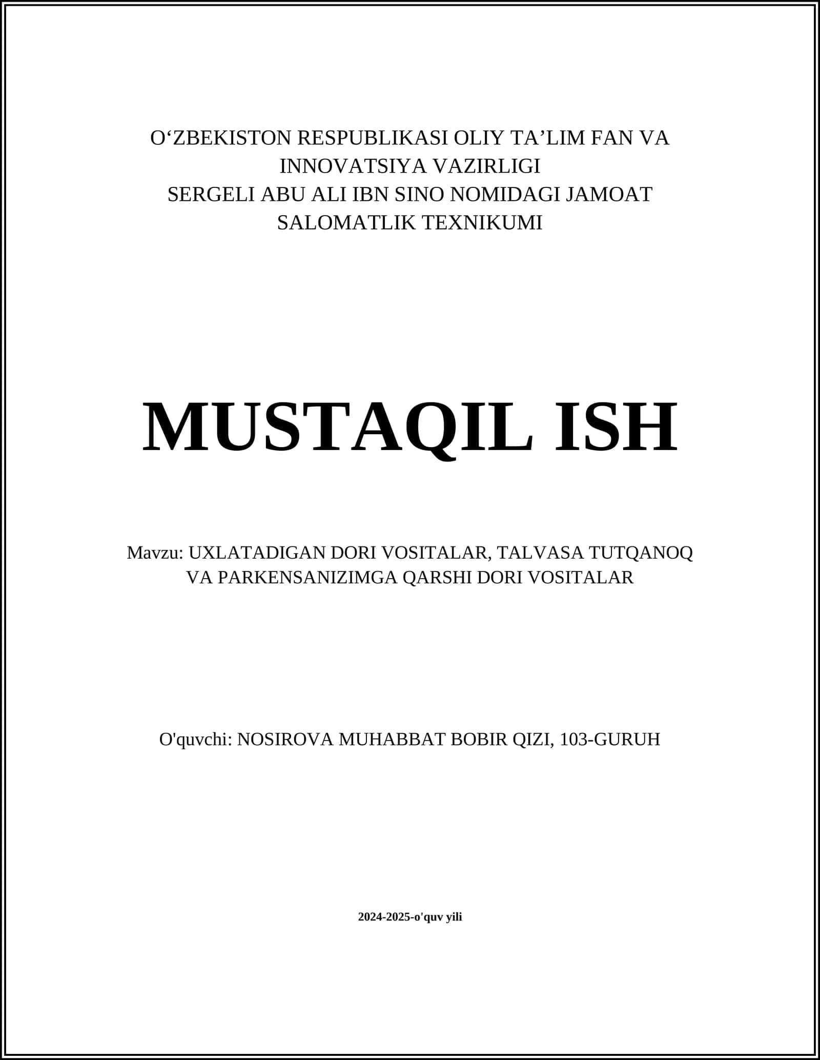 UXLATADIGAN DORI VOSITALAR, TALVASA TUTQANOQ VA PARKENSANIZIMGA QARSHI DORI VOSITALAR 1