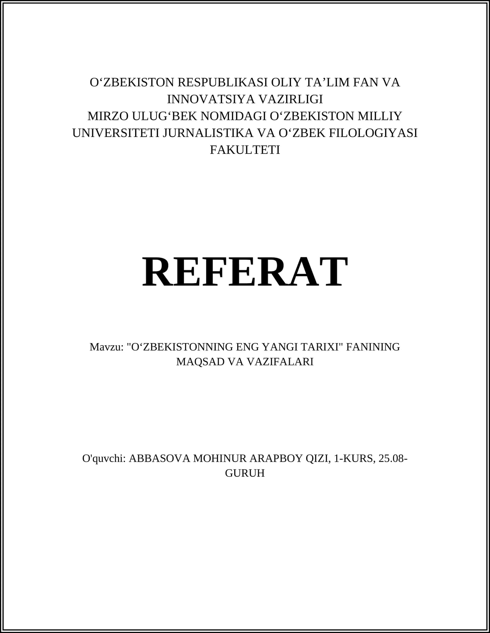 OʻZBEKISTONNING ENG YANGI TARIXI FANINING MAQSAD VA VAZIFALARI 1