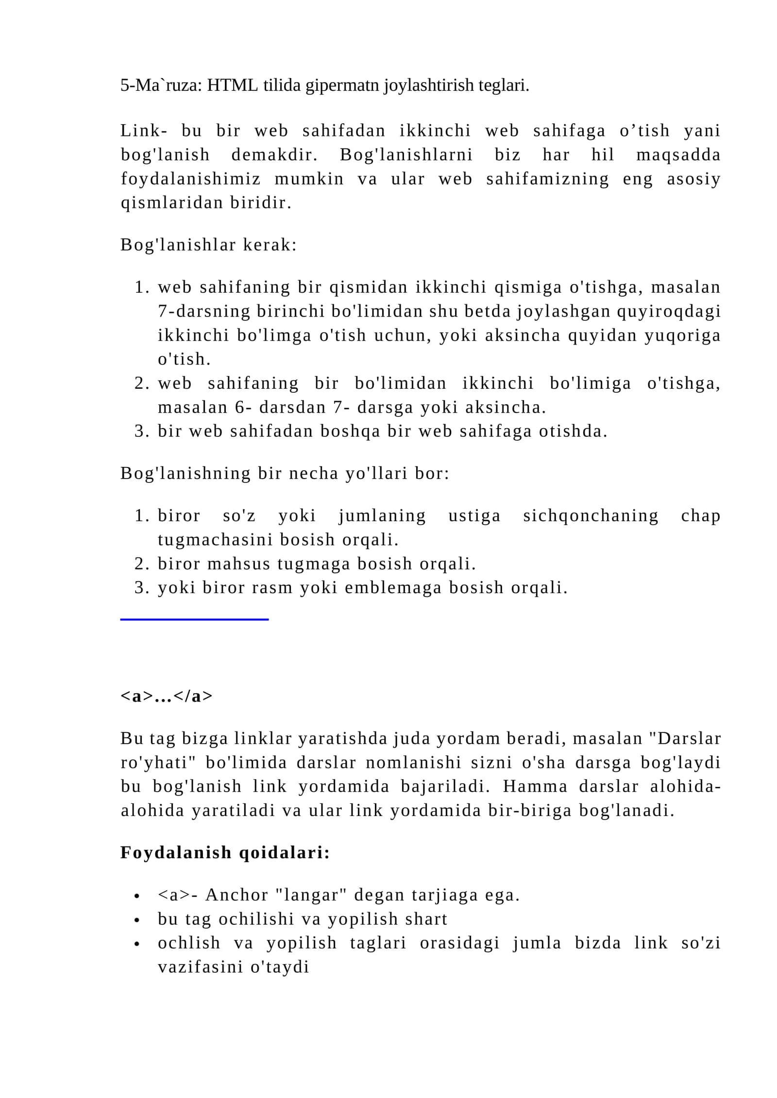HTML tilida gipermatn joylashtirish teglari 1