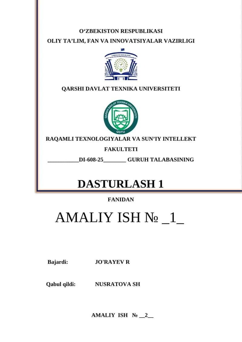 Tarmoqlanuvchi tuzilmali algoritmlarni tavsiflash, C++ tilida dasturlashtirish va kompyuterda hisoblashlar 1