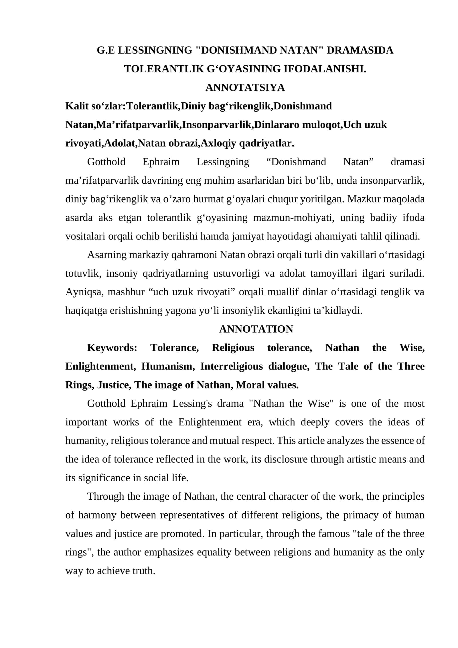 G.E LESSINGNING "DONISHMAND NATAN" DRAMASIDA TOLERANTLIK GʻOYASINING IFODALANISHI. 1