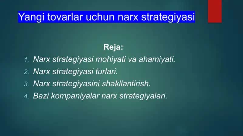 Yangi tovarlar uchun narx strategiyasi 1