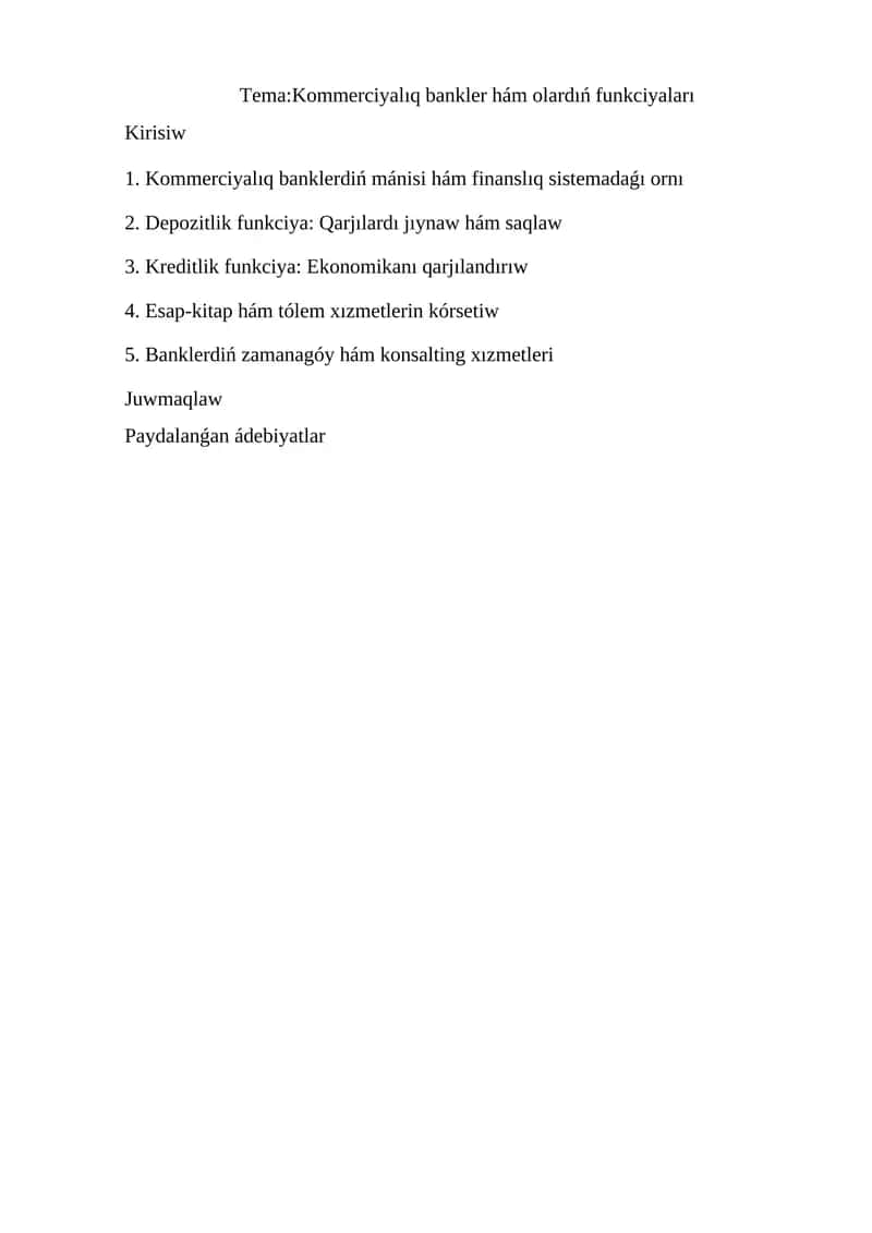 Kommerciyalıq bankler hám olardıń funkciyaları 1