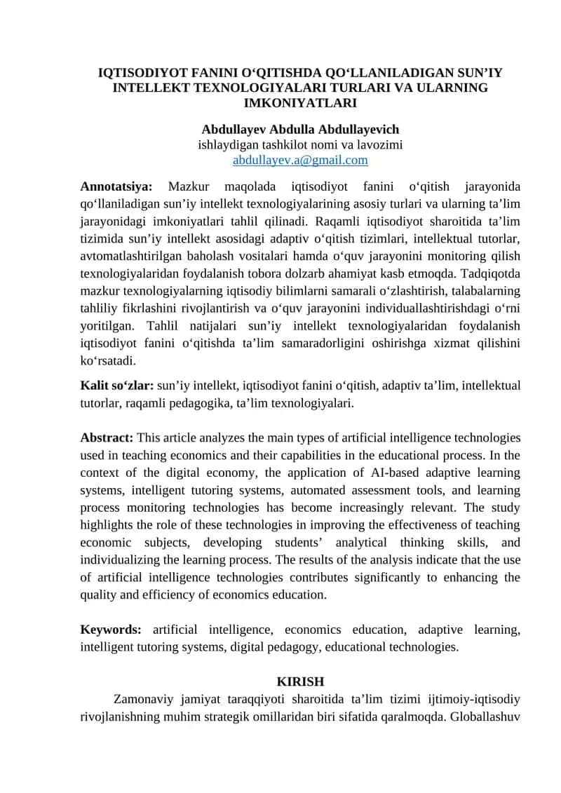 IQTISODIYOT FANINI O‘QITISHDA QO‘LLANILADIGAN SUN’IY INTELLEKT TEXNOLOGIYALARI TURLARI VA ULARNING IMKONIYATLARI 1
