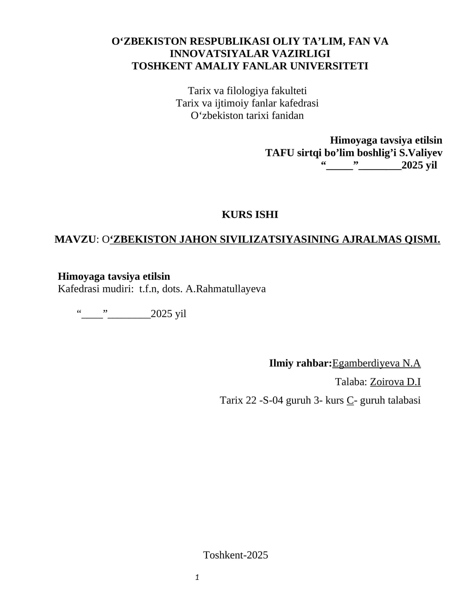 O‘ZBEKISTON JAHON SIVILIZATSIYASINING AJRALMAS QISMI 1