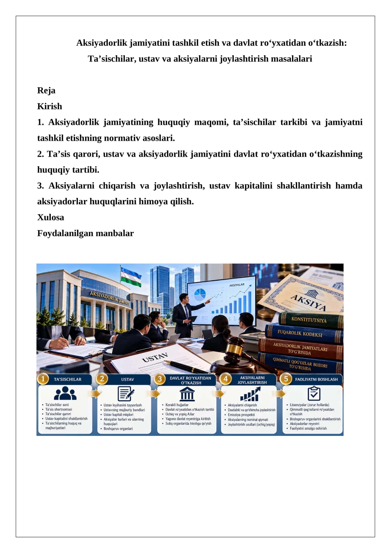 Aksiyadorlik jamiyatini tashkil etish va davlat ro‘yxatidan o‘tkazish: Ta’sischilar, ustav va aksiyalarni joylashtirish masalalari 1