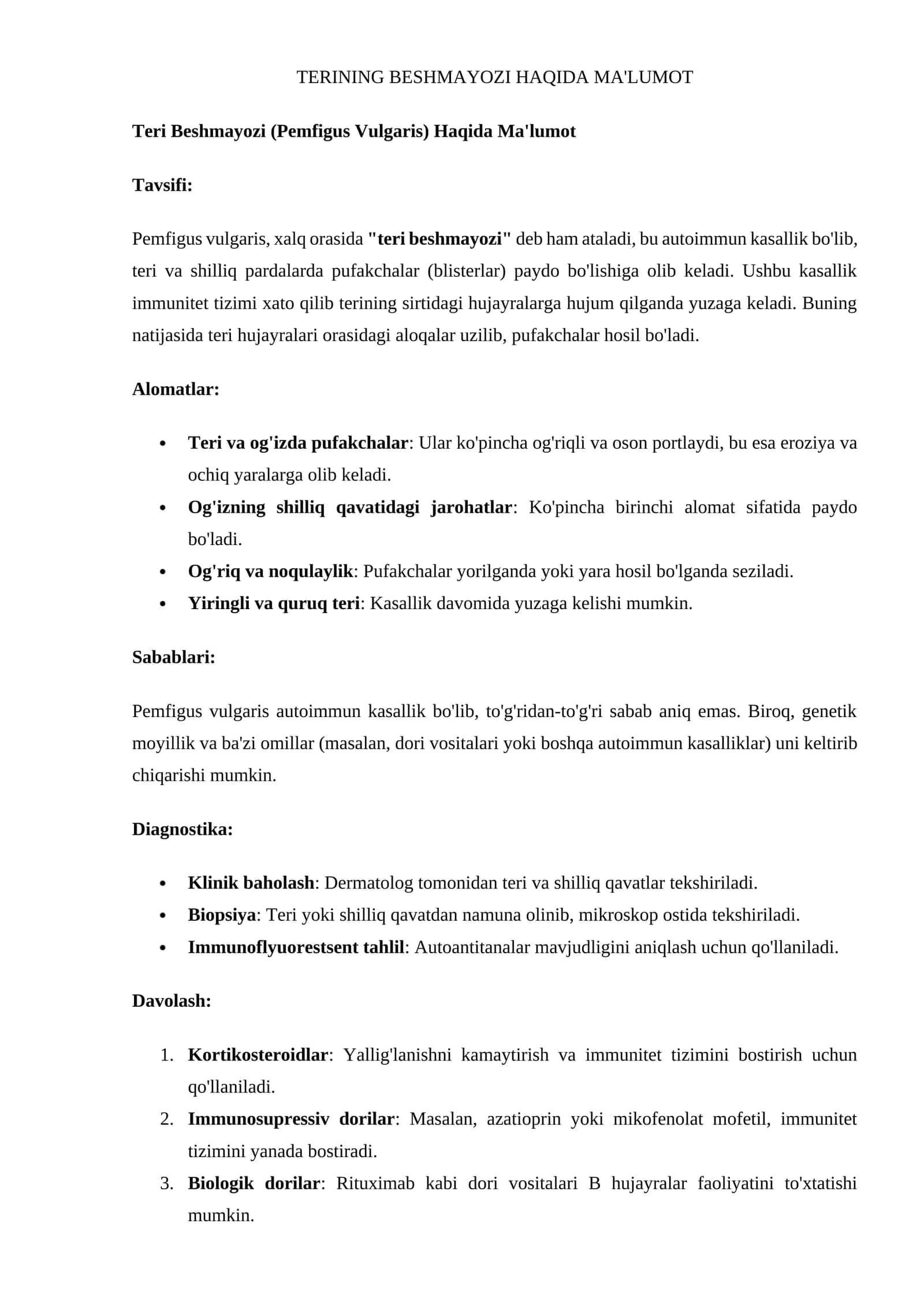 Teri Beshmayozi (Pemfigus Vulgaris) Haqida Ma'lumot 1