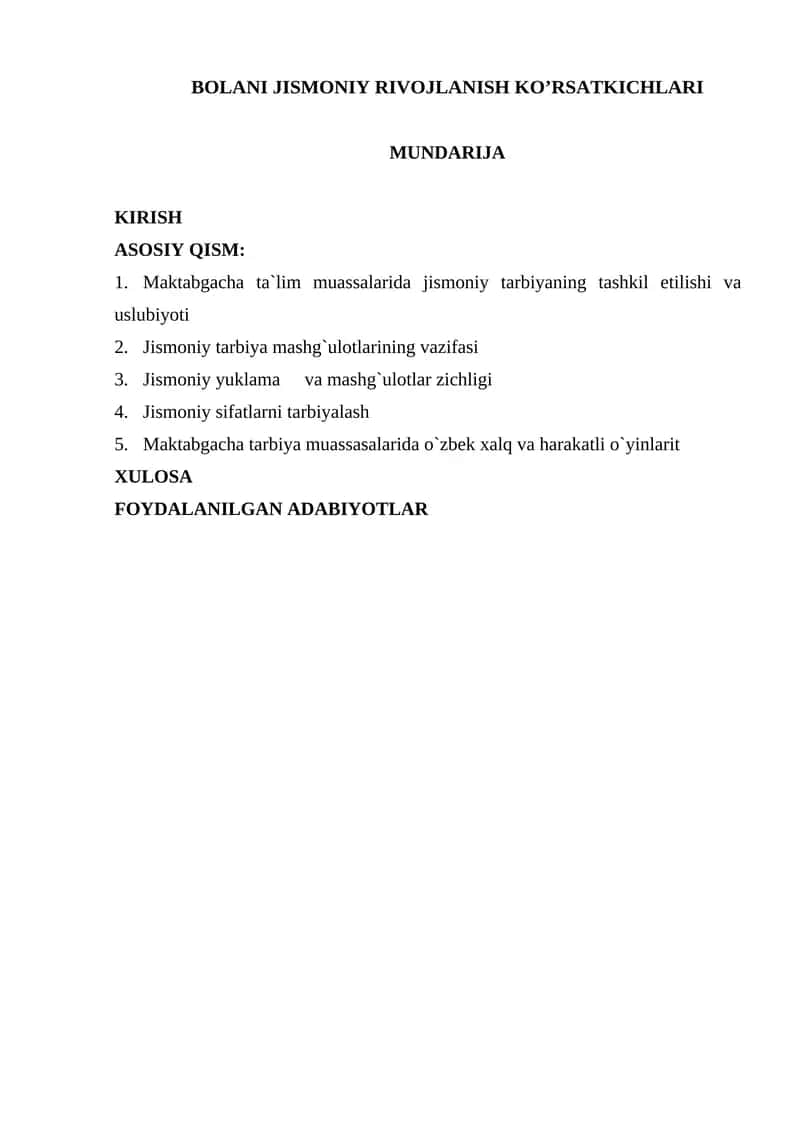 BOLANI JISMONIY RIVOJLANISH KO’RSATKICHLARI 1