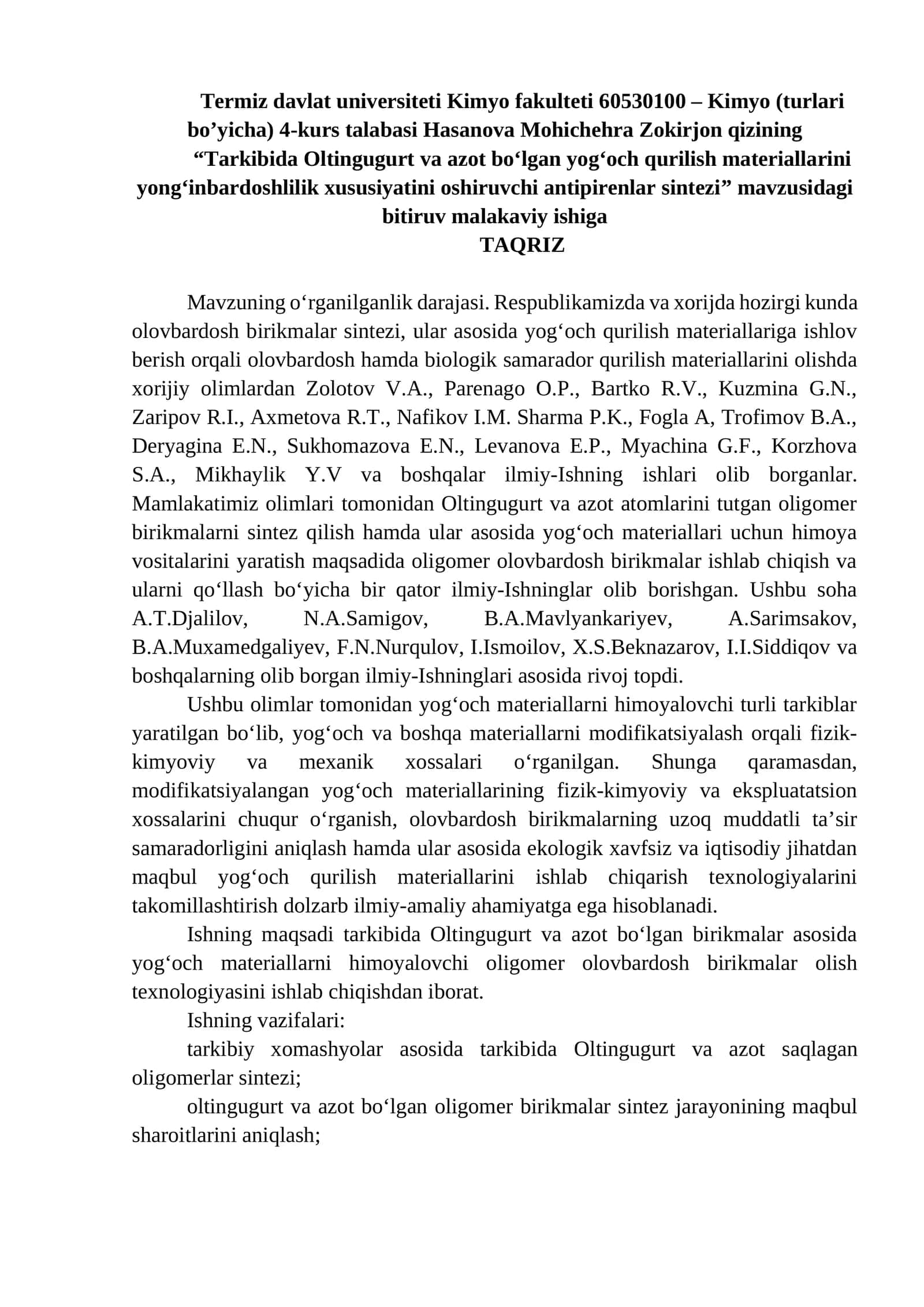 Oltingugurt va Azot Olovbardoshlar Sintezi 1