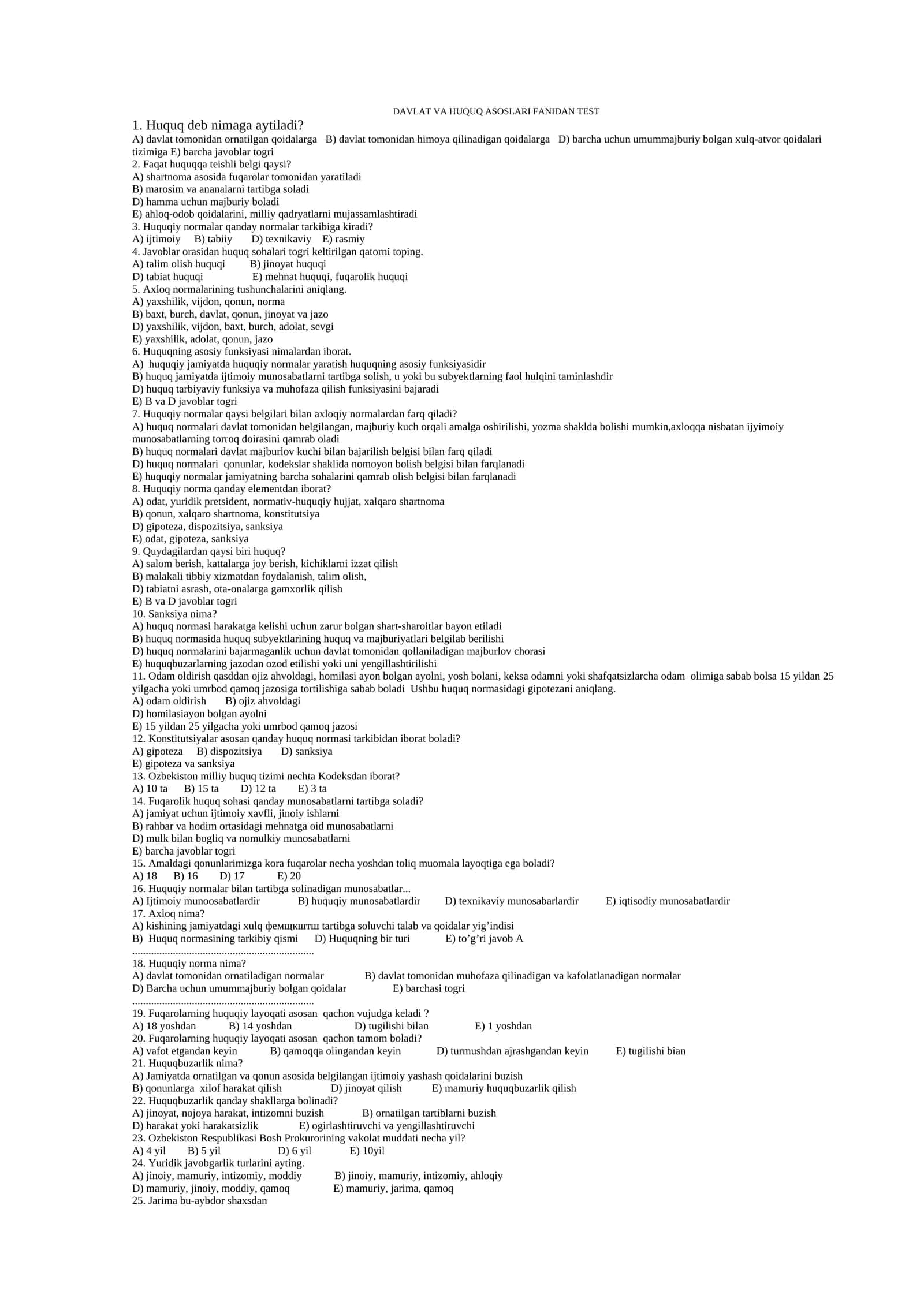 Davlat va huquq asoslari fanidan TEST 1