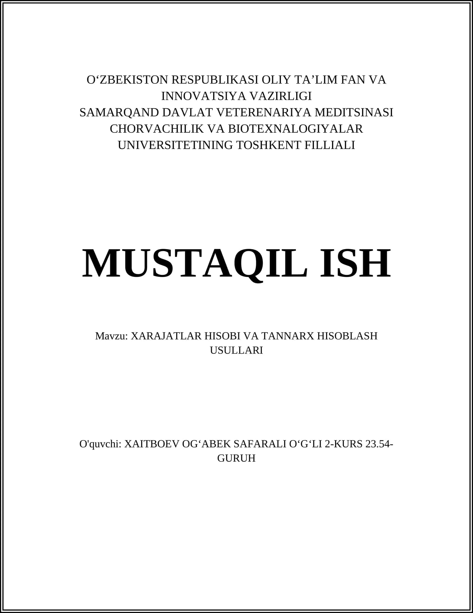 XARAJATLAR HISOBI VA TANNARX HISOBLASH USULLARI 1